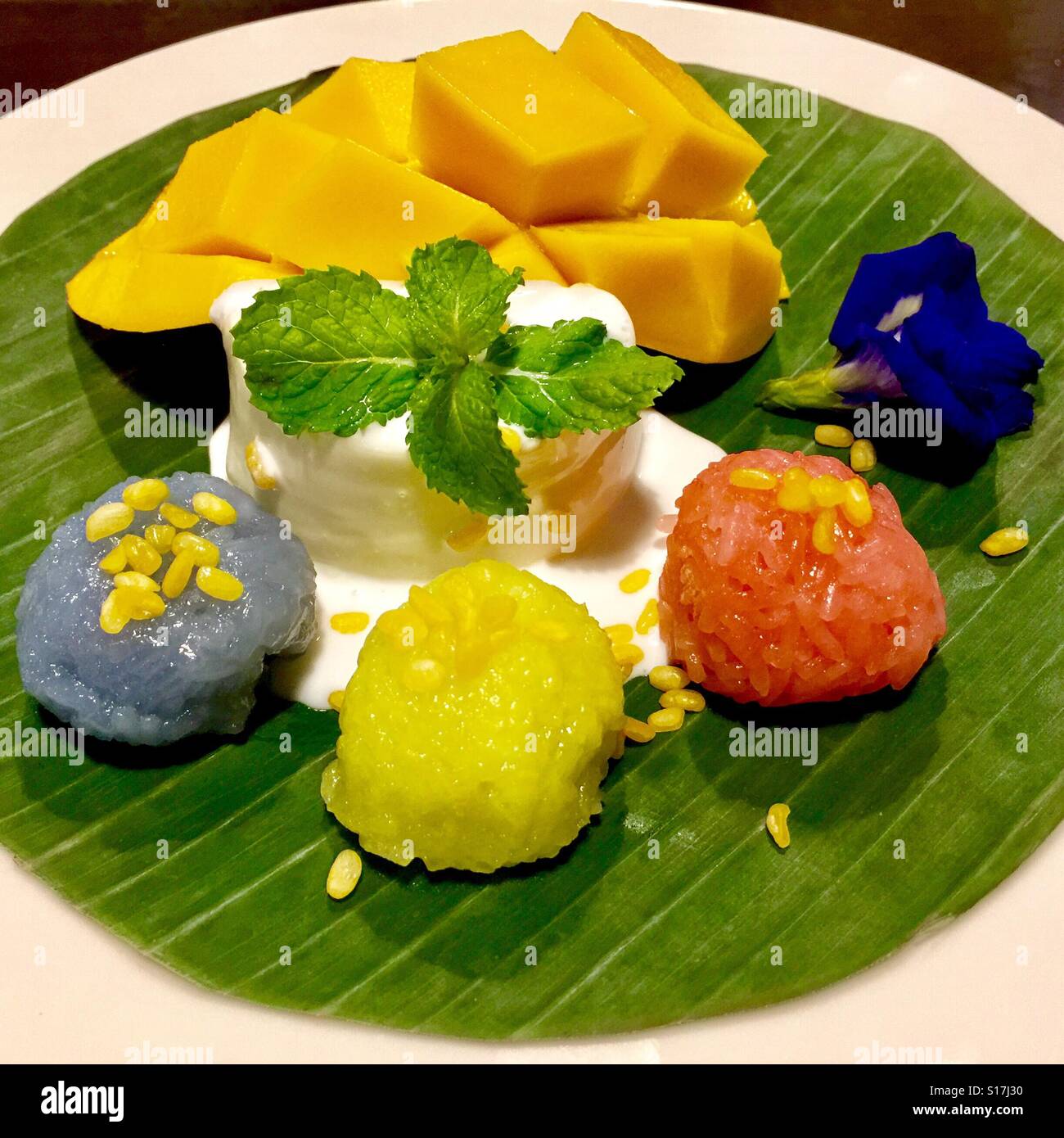 Thai mango dessert served with colourful sticky rice, Chiang Mai Stock