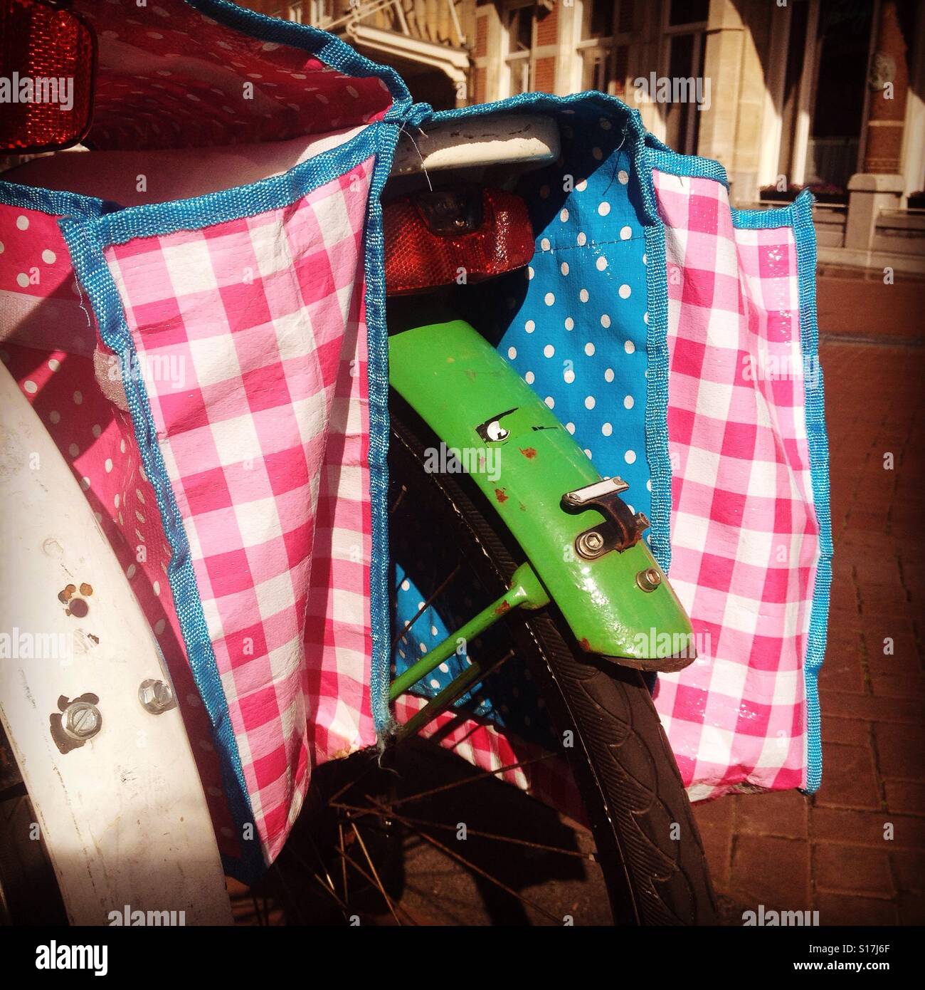Bright colored saddlebag on a bicycle, detail - Smartphone Captured Stock Image