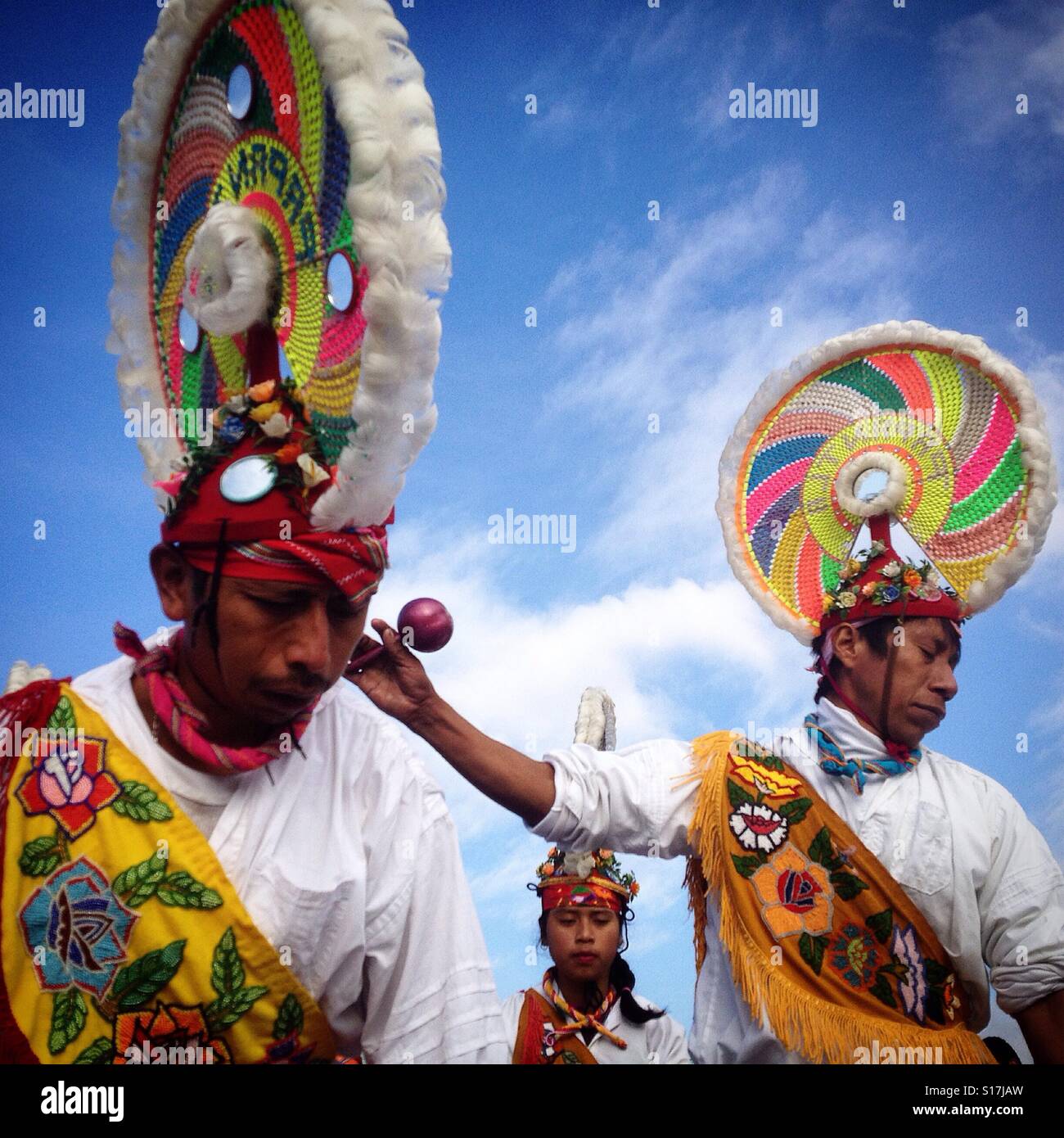 Dancers from Papantla, Veracruz, perform during the anual pilgrimage to Our Lady of Guadalupe, in Mexico City, Mexico Stock Photo