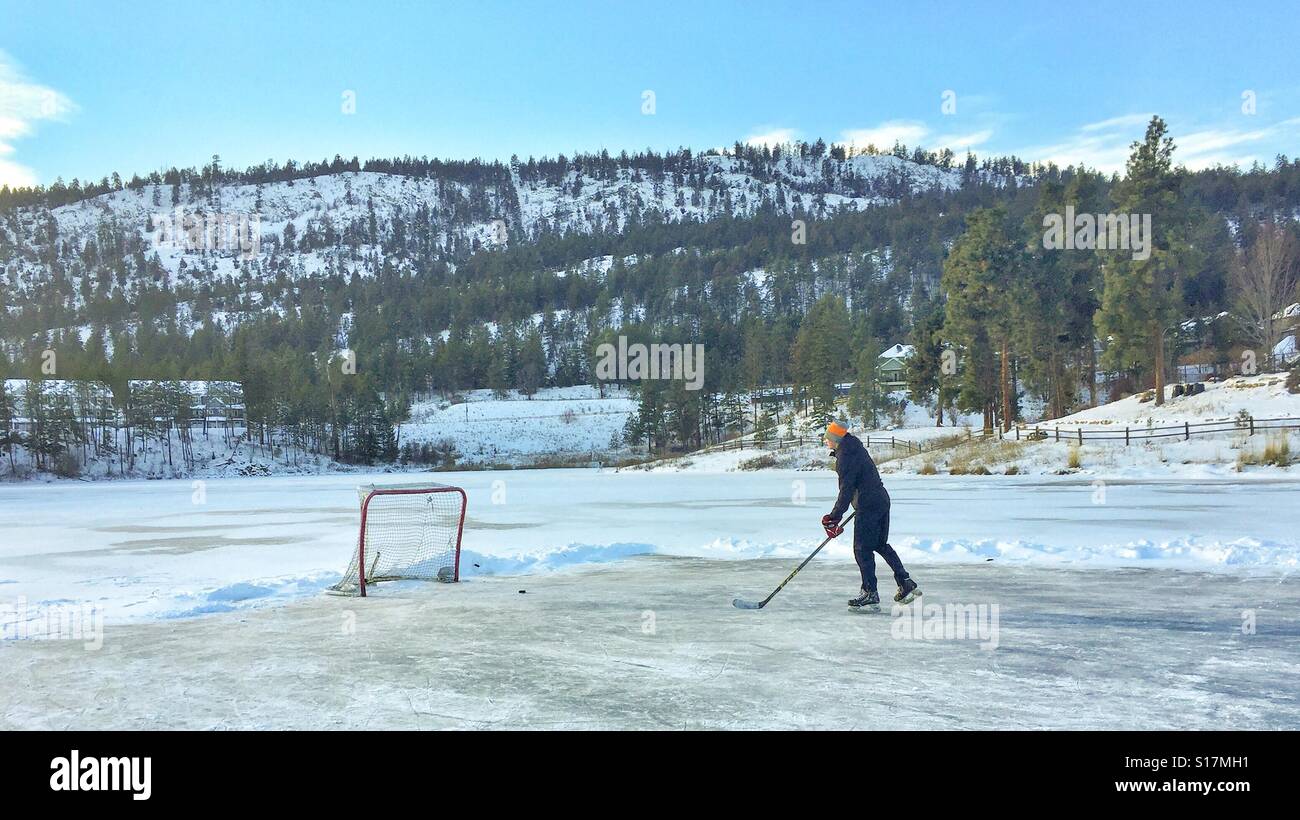Teenage boy playing hockey on a frozen pond on a cold winter day. Stock Photo