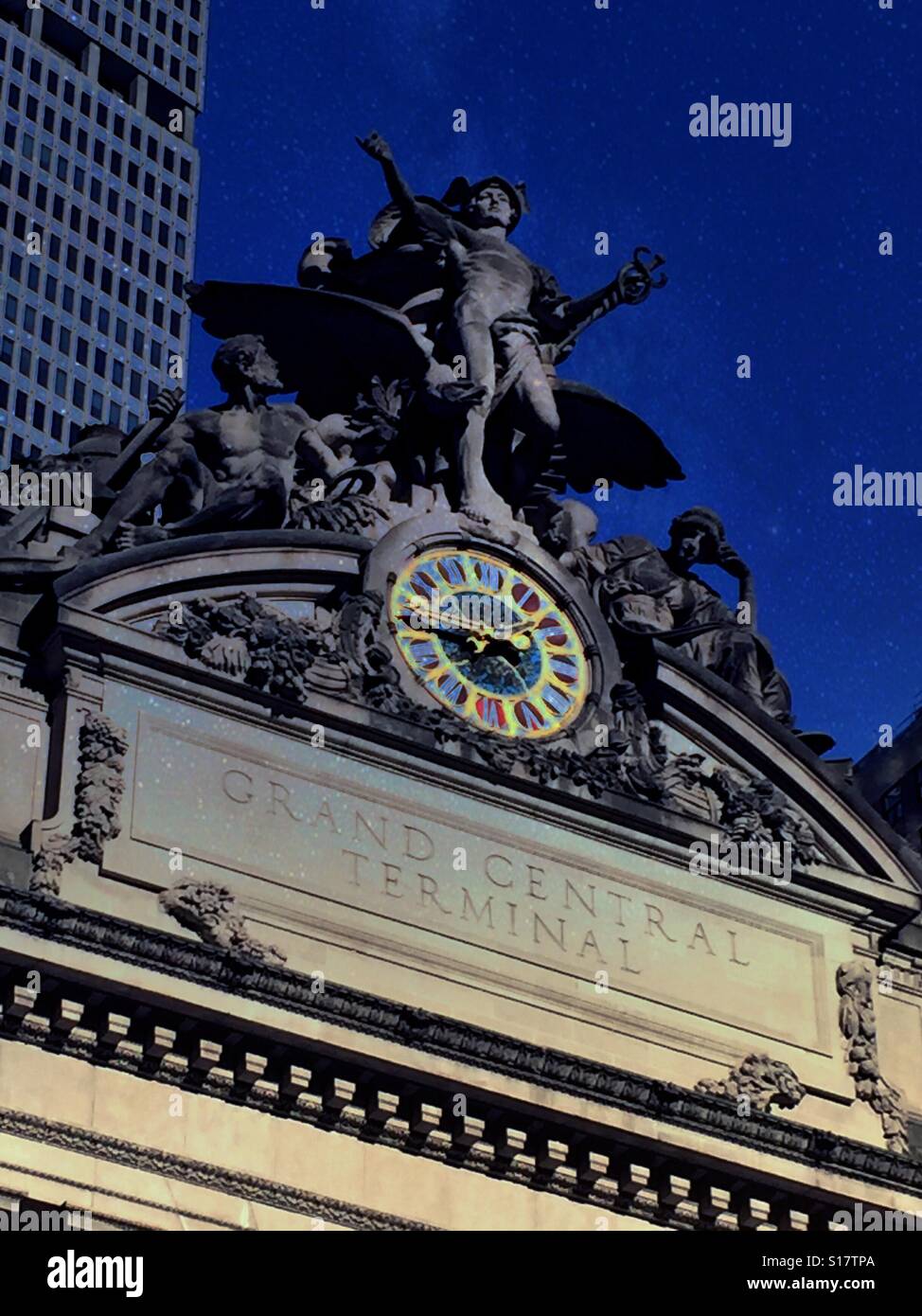 Tiffany clock and mercury statue, Grand Central Station exterior, NYC, USA Stock Photo