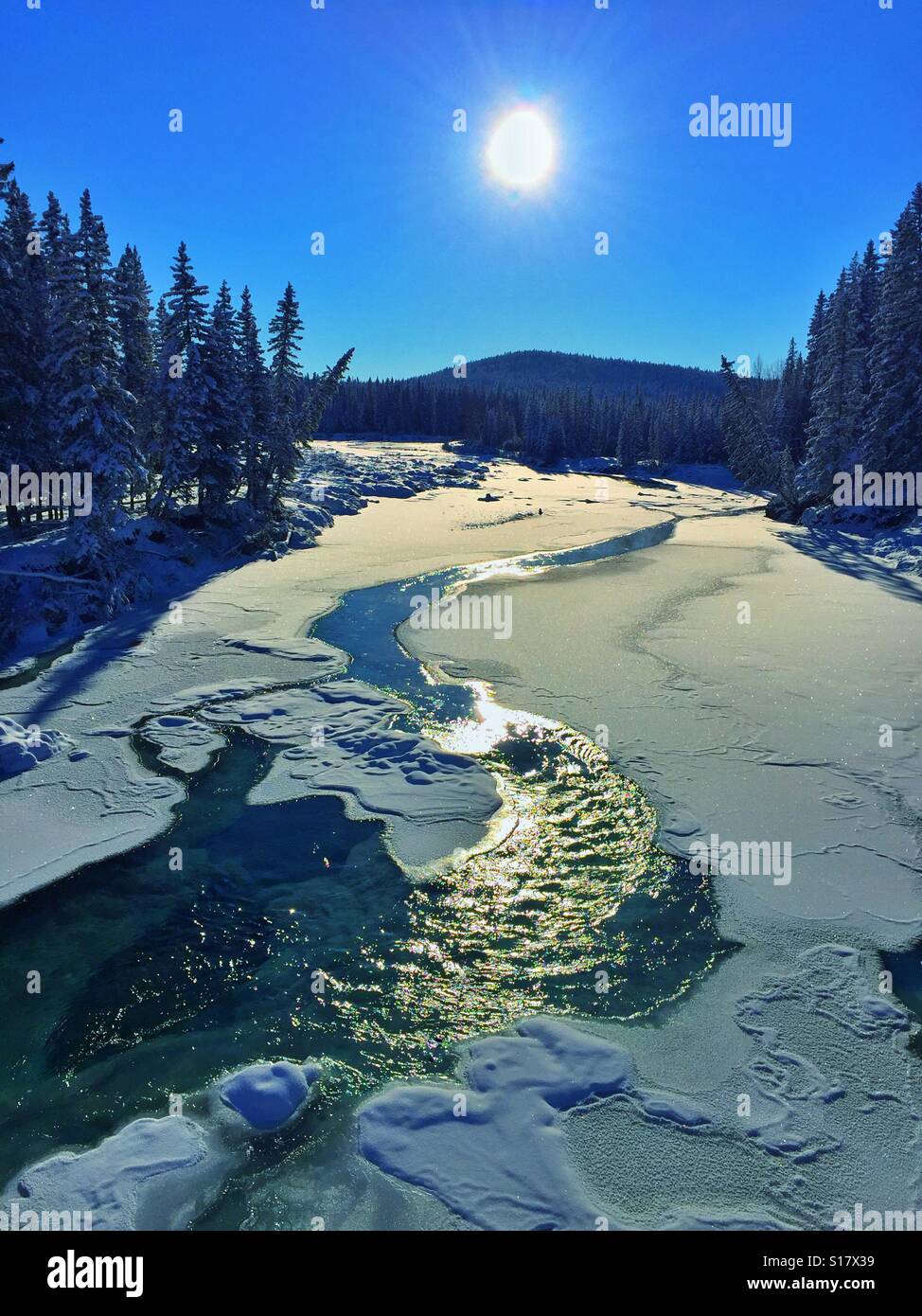 Winter Elbow River view from the bridge - Smartphone Captured Stock Image