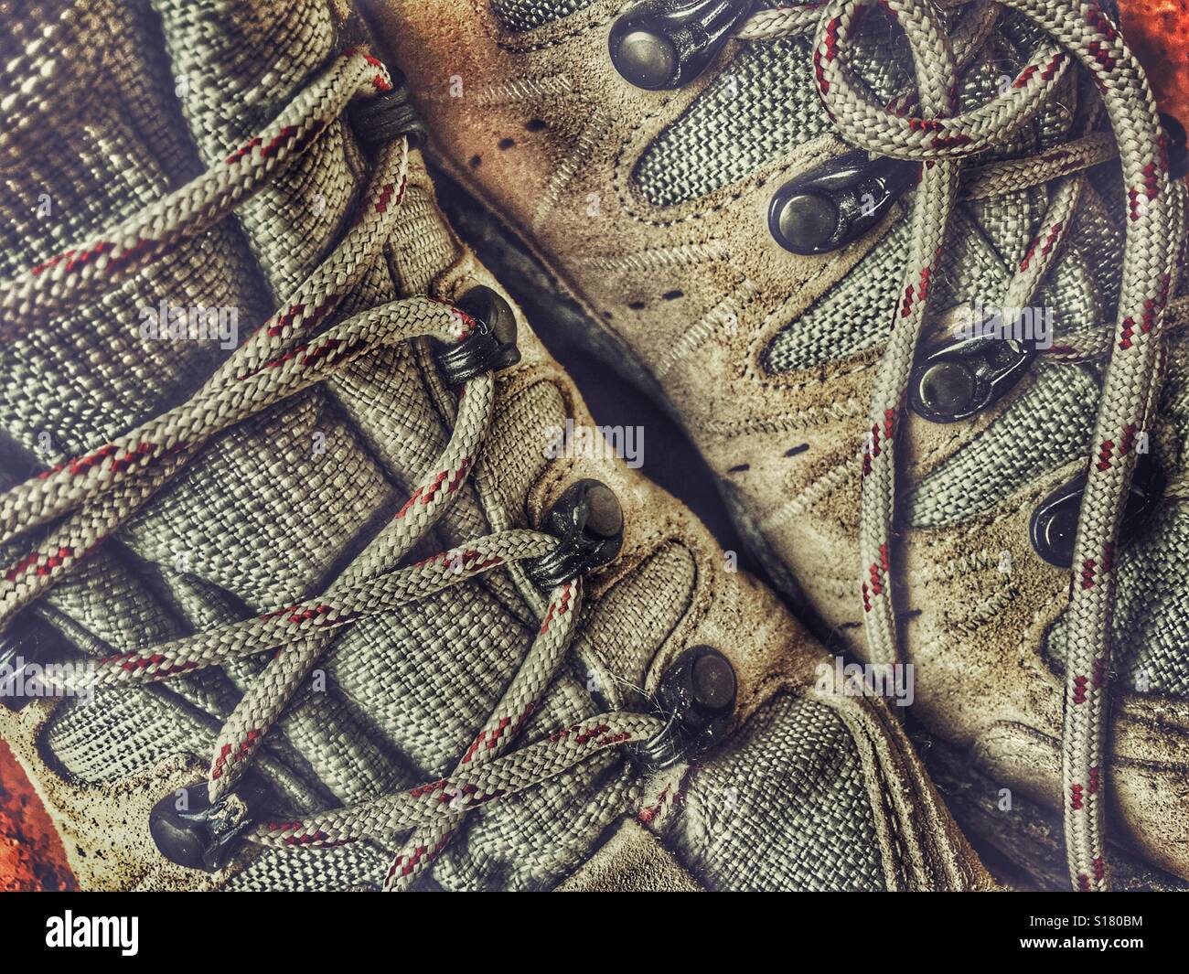Hiking boots, close up of shoe laces - Smartphone Captured Stock Image