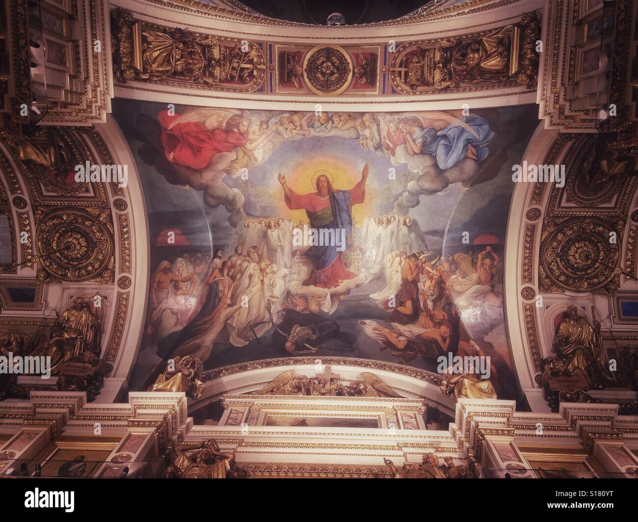 Painted ceiling of Saint Isaac Basilica in Saint Petersburg, Russia - Smartphone Captured Stock Image