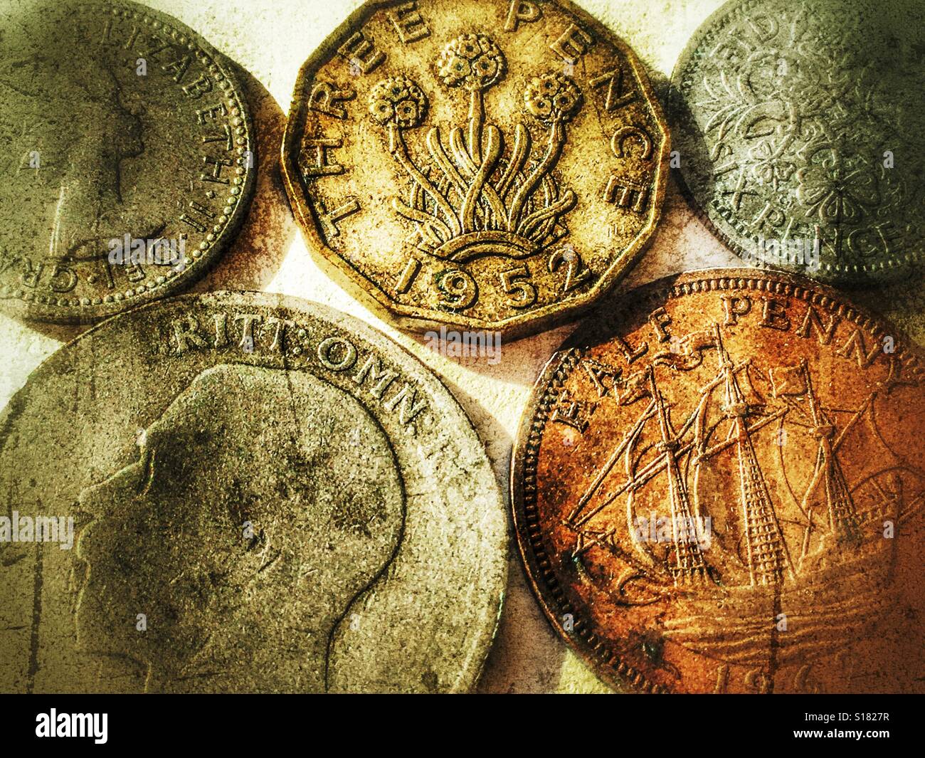 Worn, pre-decimal British coins - Smartphone Captured Stock Image