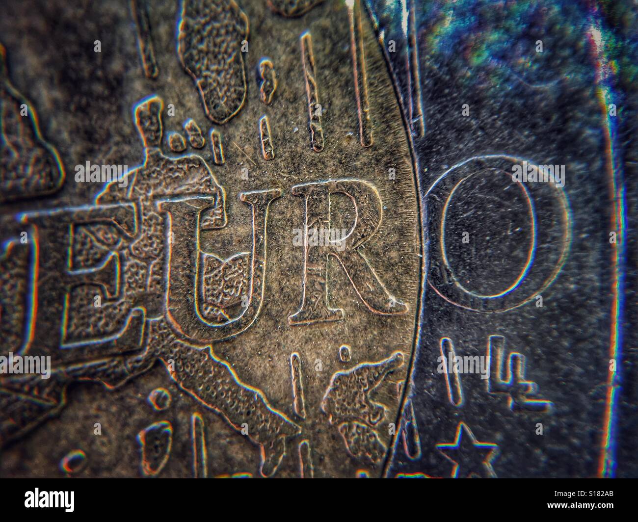 Macro. The word Euro on a €2 coin - Smartphone Captured Stock Image