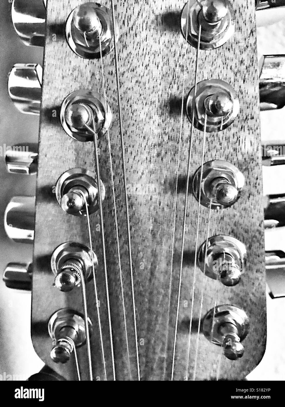 Head of a 12 string Ovation Balladeer acoustic guitar Stock Photo
