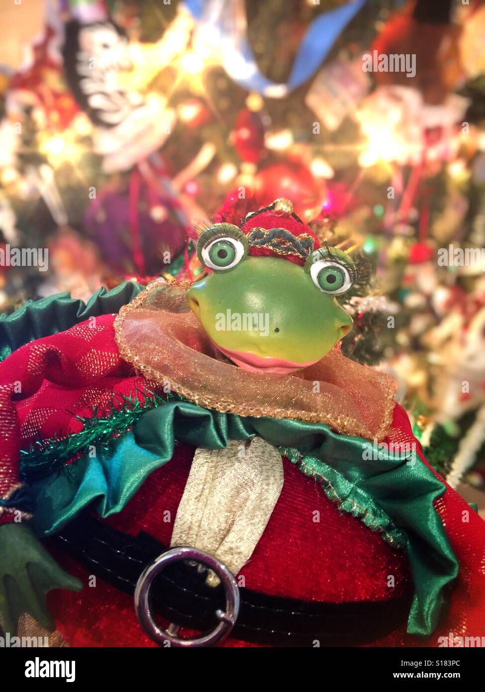 A costumed frog prince in Christmas attire in front of a brightly lit Christmas tree - Smartphone Captured Stock Image