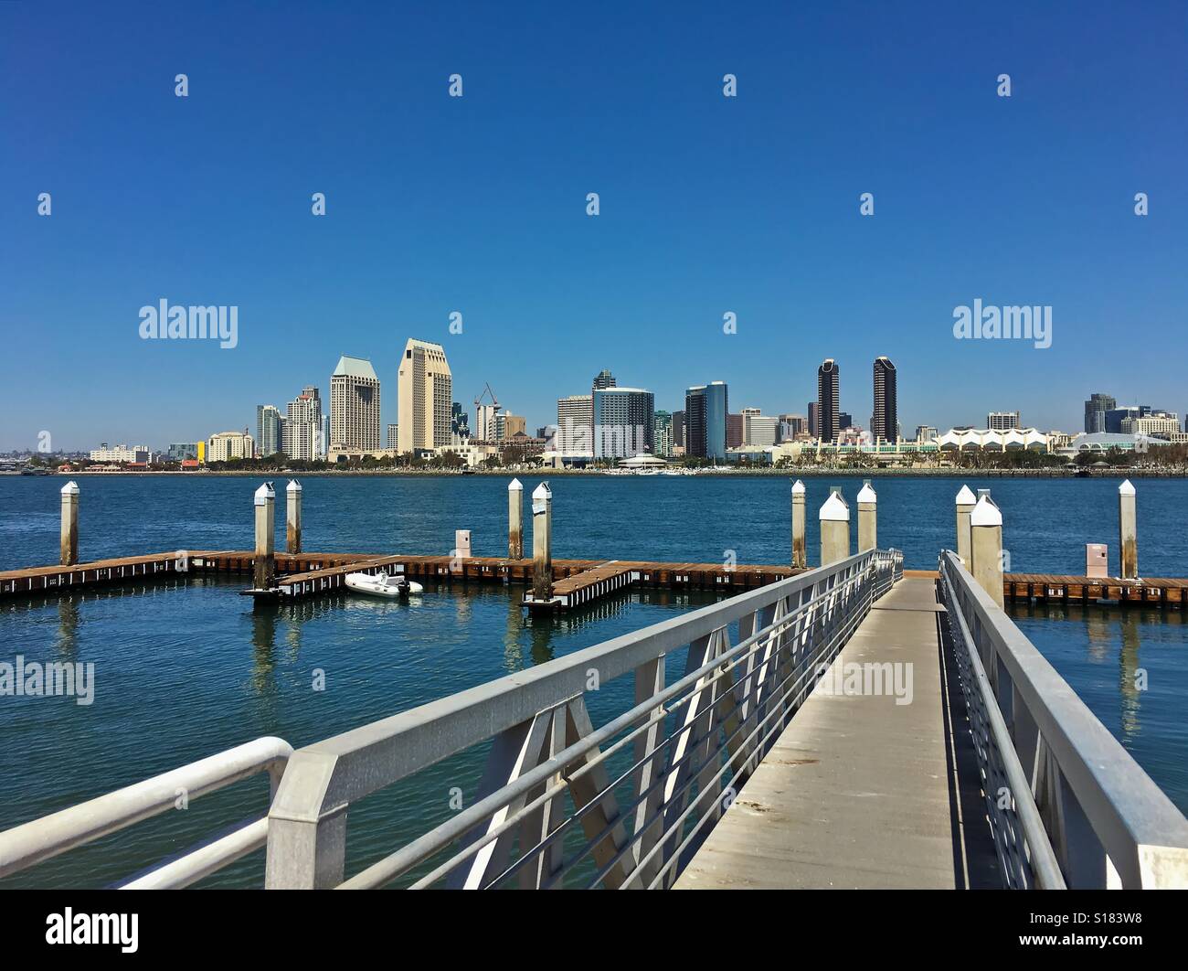 San Diego city skyline from Coronado Island Ferry Landing dock Stock