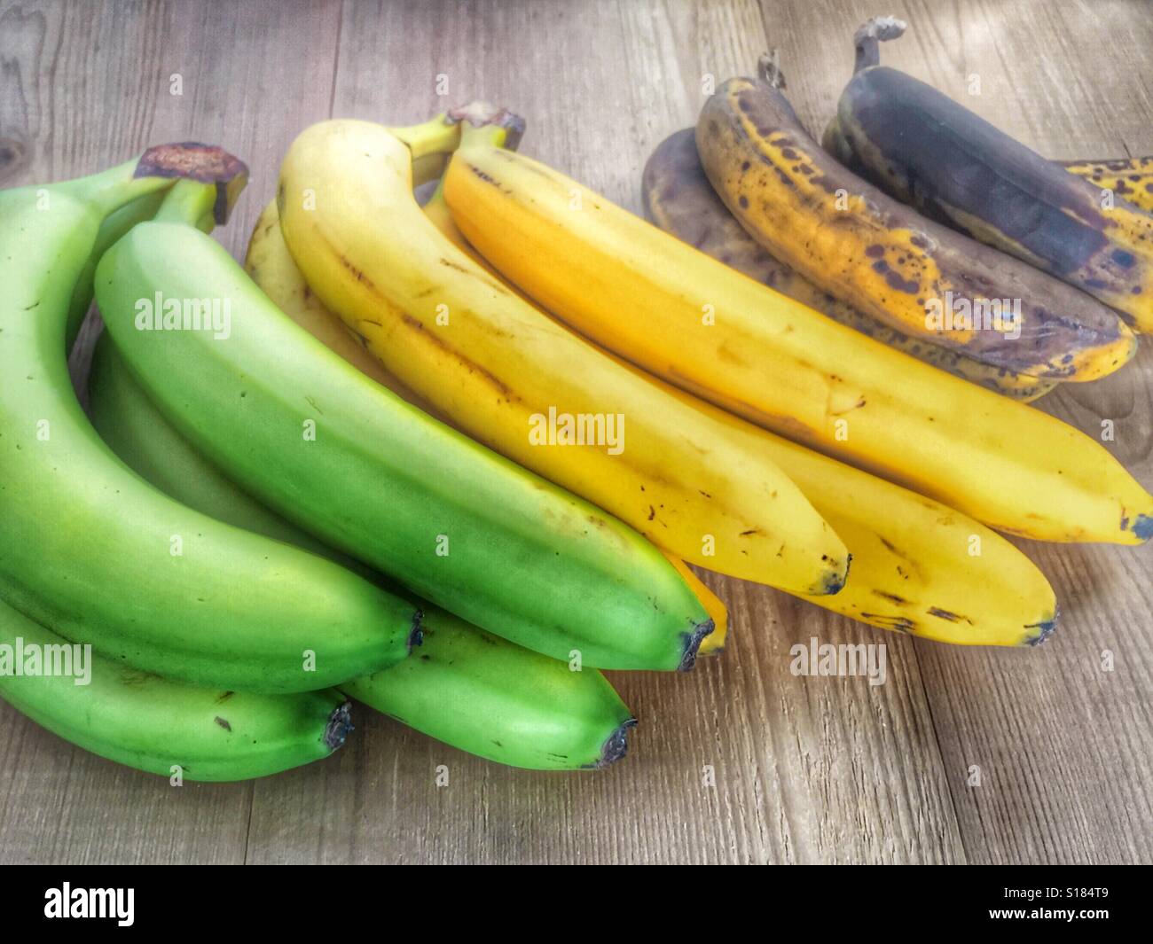 Bananas at different stages of ripening, from green to yellow to brown