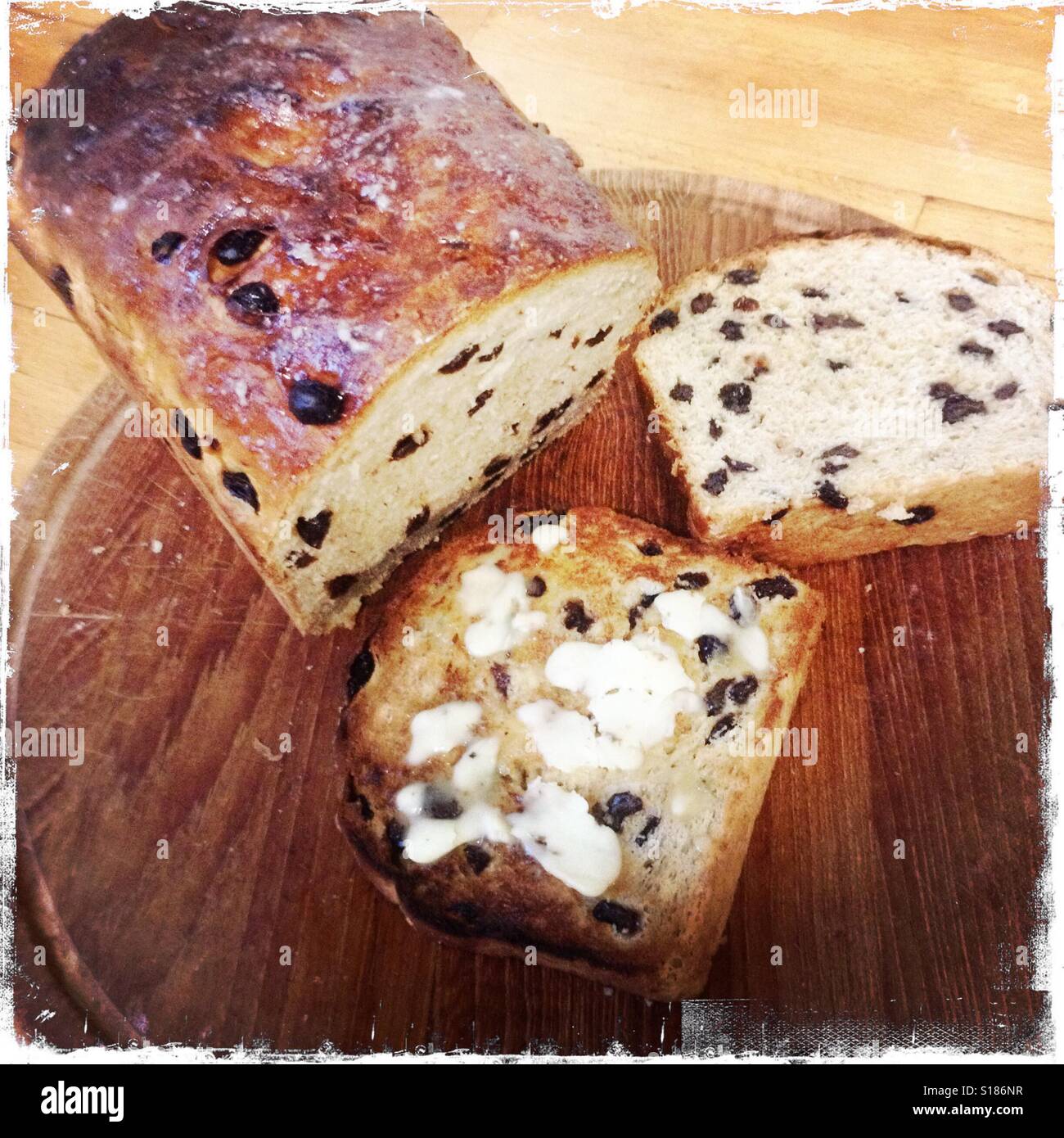 A cut homemade currant loaf. - Smartphone Captured Stock Image