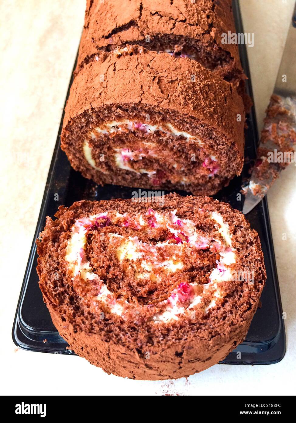 Slices of tasty chocolate sponge cake roll with cream Stock Photo