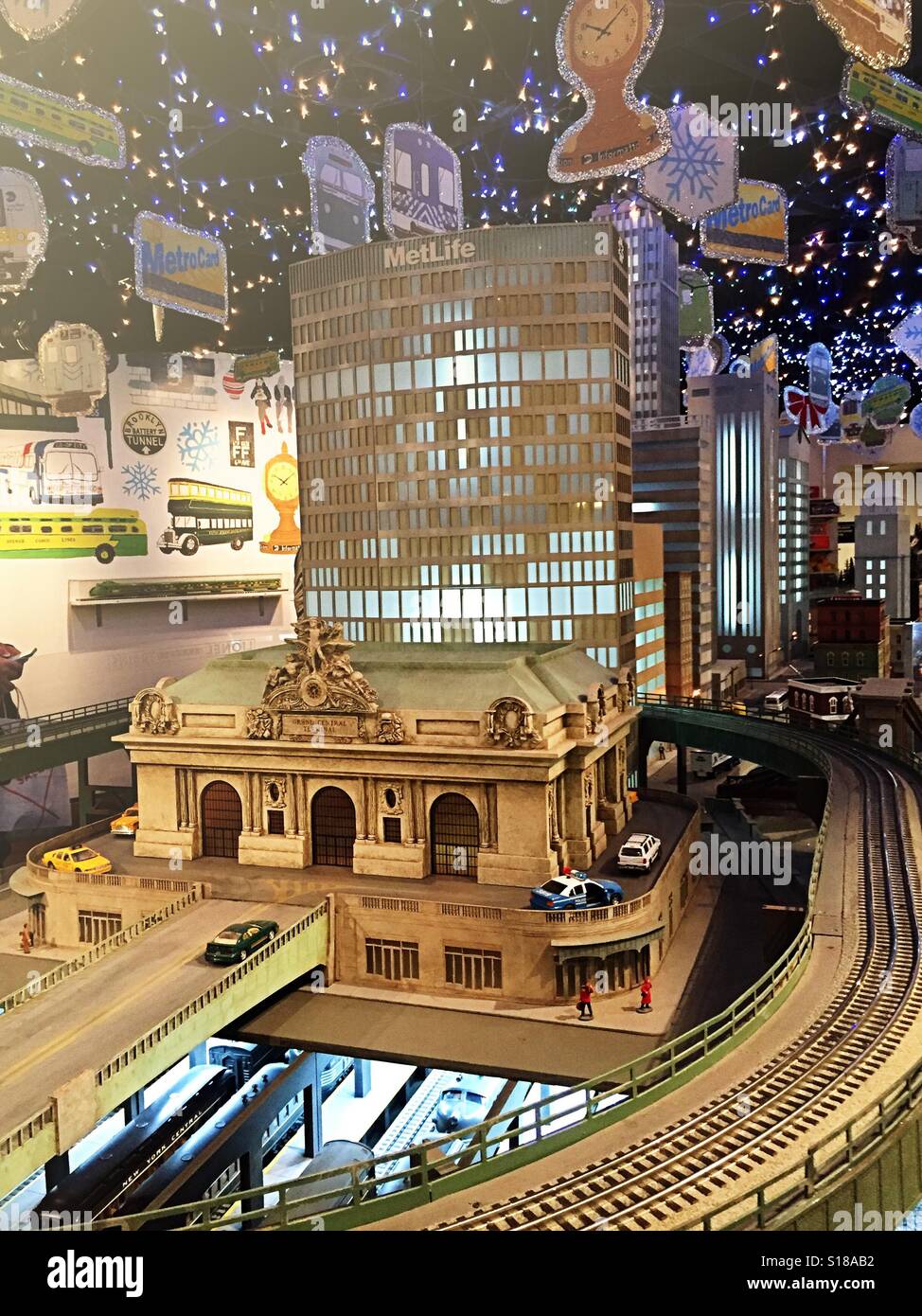 Miniature model train display in urban setting, Metropolitan transit authority museum, Grand Central terminal, NYC, USA - Smartphone Captured Stock Image