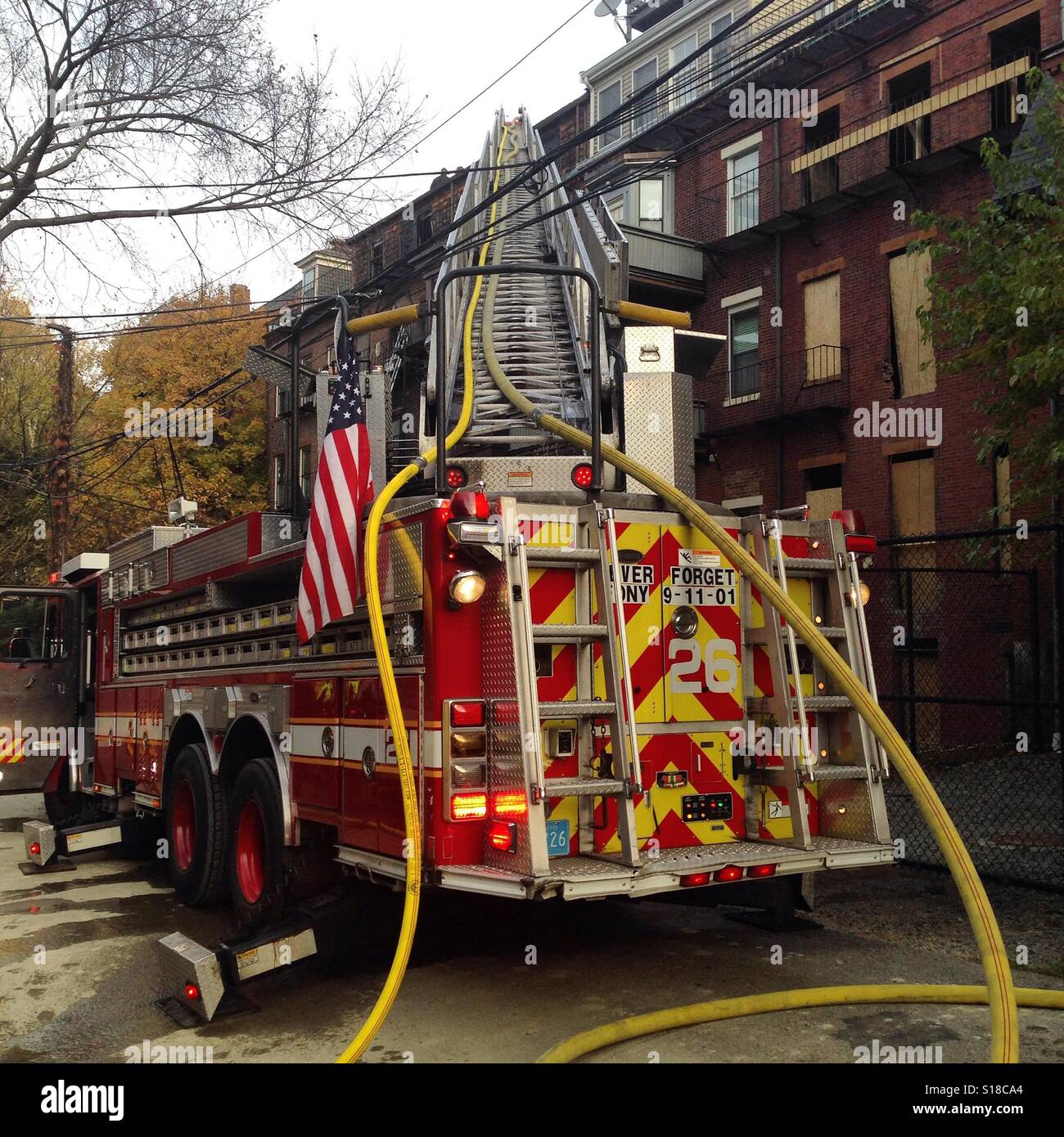 Boston fire department at the scene of a fire in the South End neighborhood of Boston Stock Photo