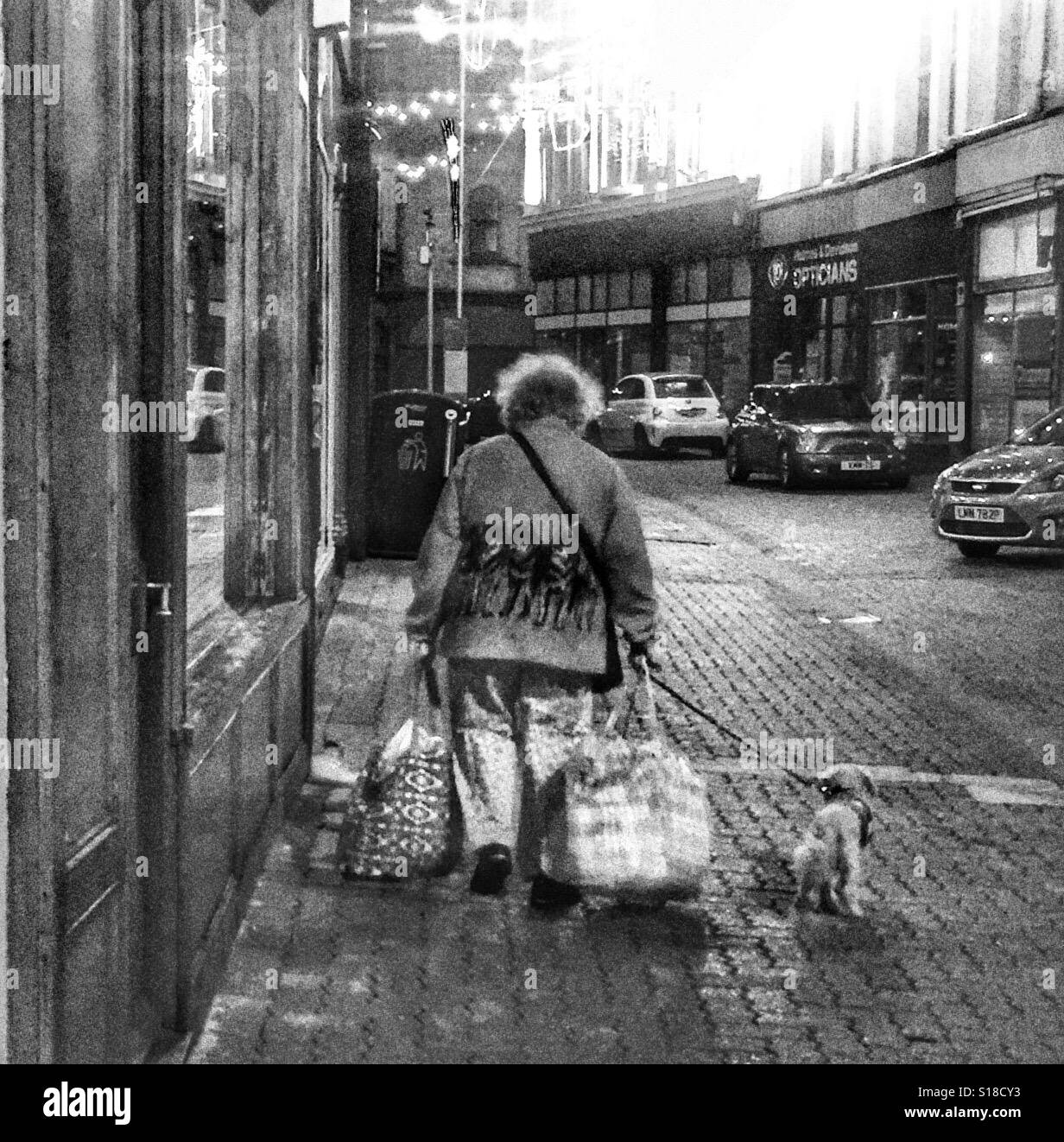 Old woman walking with shopping bags and dog on lead Stock Photo