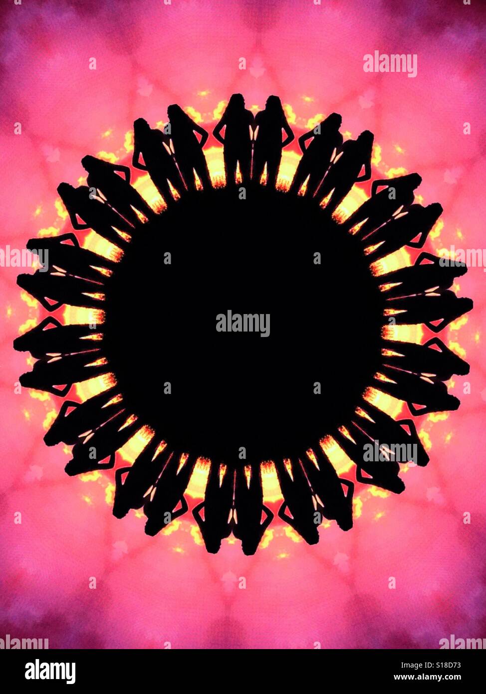 A large circle featuring the silhouetted of many people standing next to each other, against a bright pink background - Smartphone Captured Stock Image