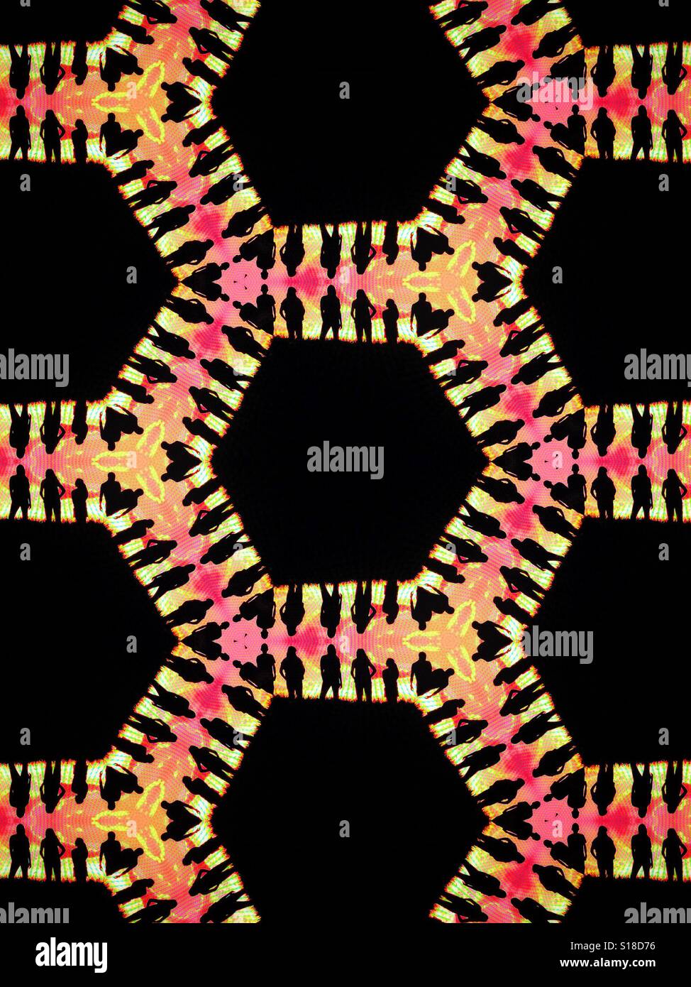 A pattern featuring the silhouetted of many people standing next to each other, against a bright pink background Stock Photo