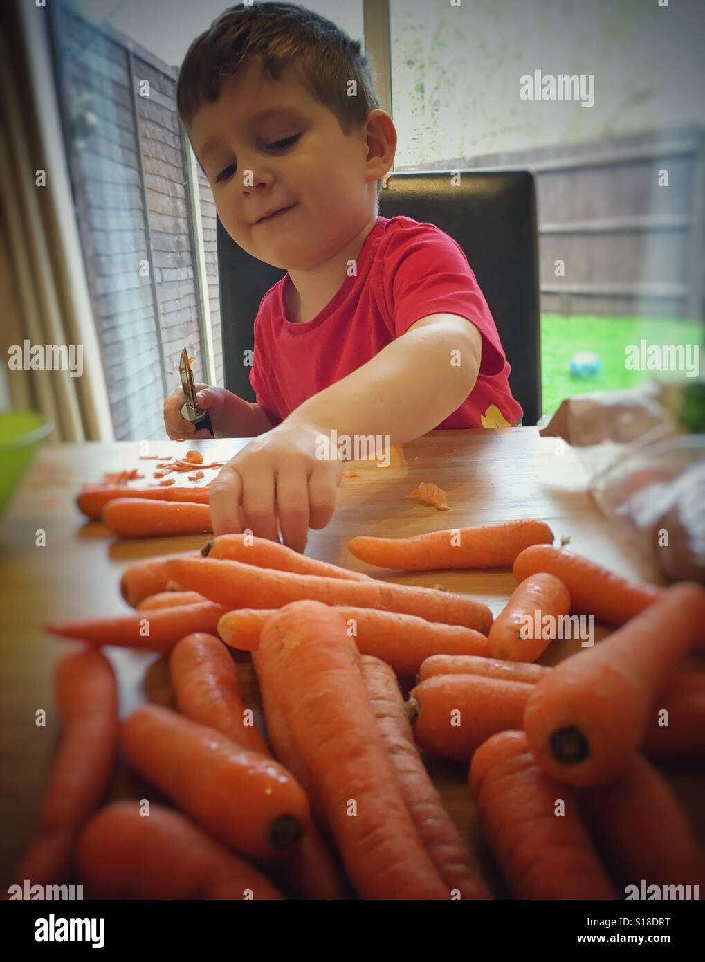 Boy Chopping Carrots Stock Photo