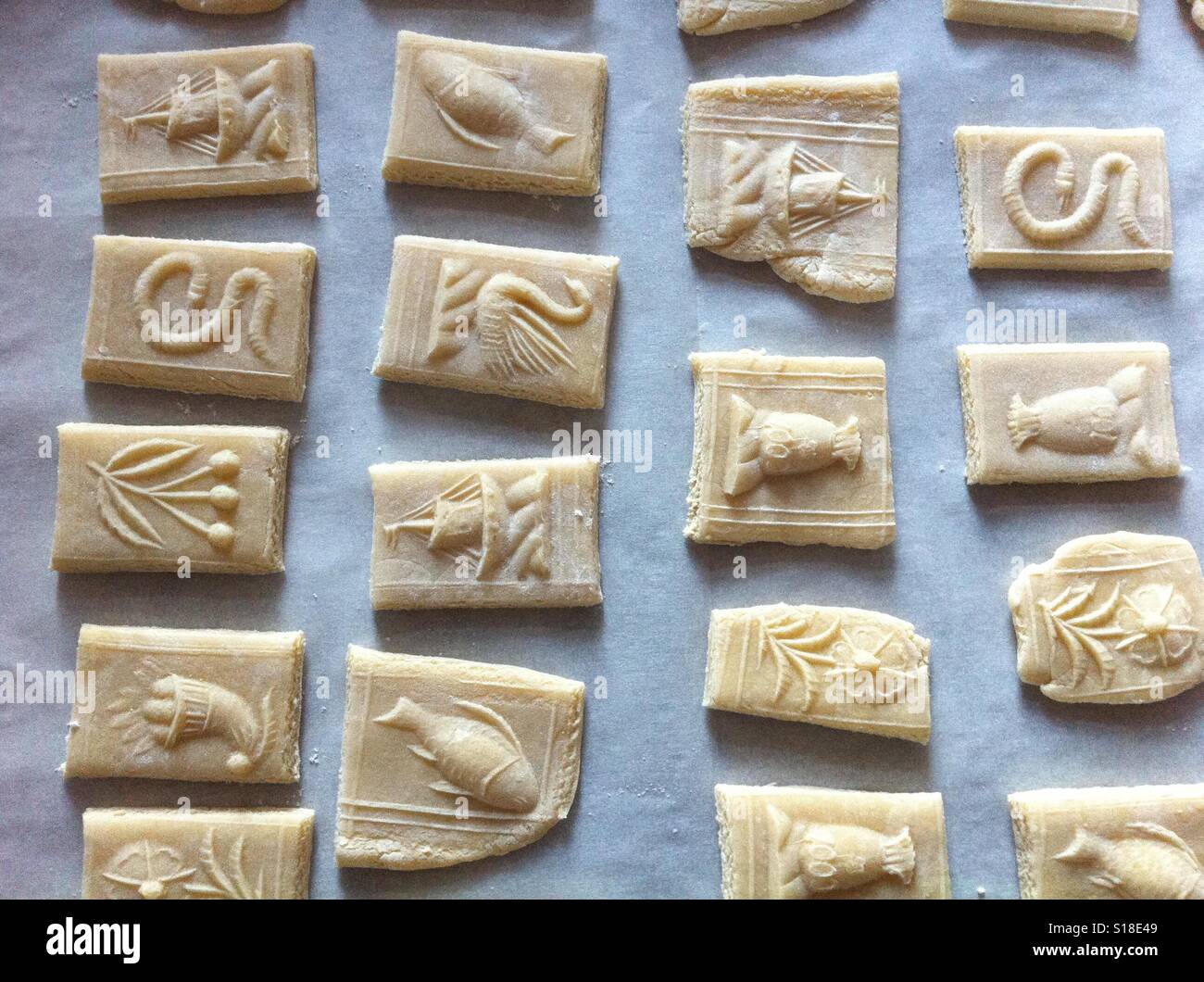 Springerle German anise pressed cookies drying prior to baking. Stock Photo