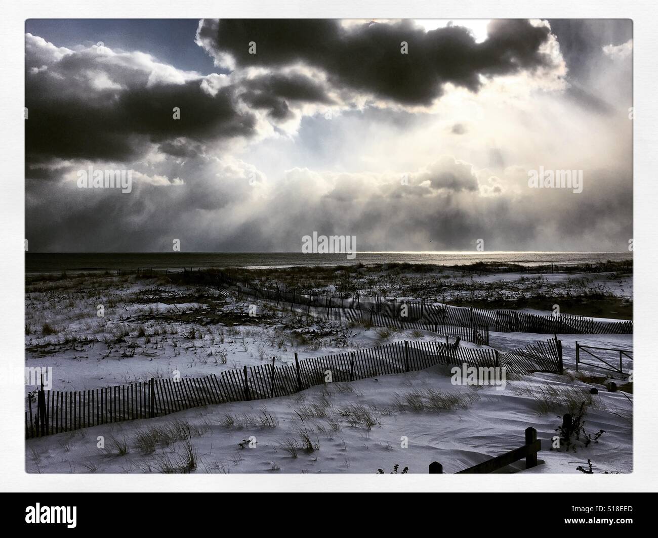 Hamptons NY beach after a snowstorm Stock Photo