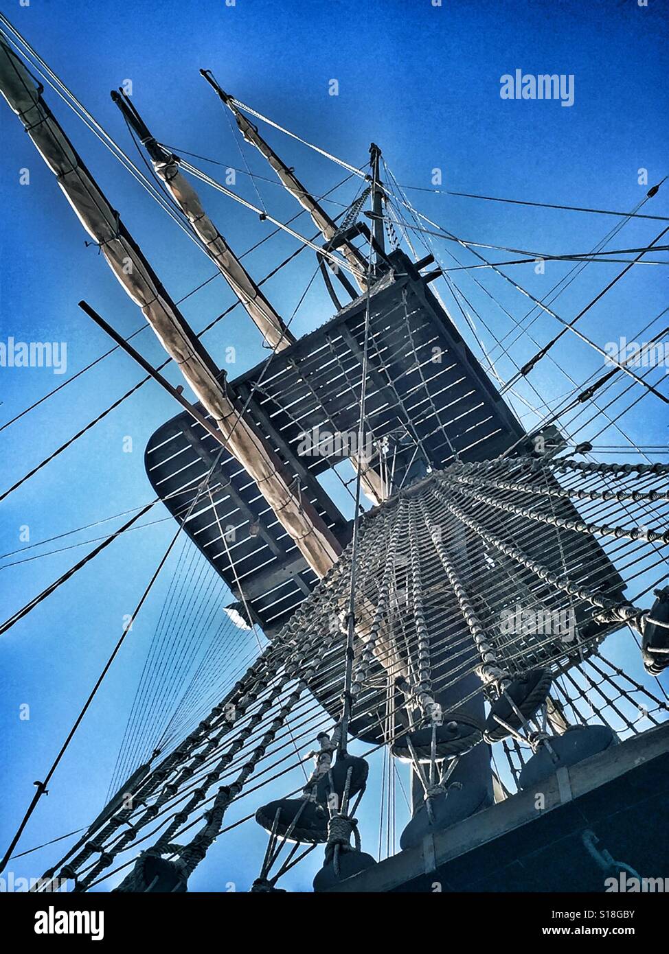 Looking up at a replica of an 18th century Galleon. The Santisima Trinidad. In Alicante, Spain. Stock Photo