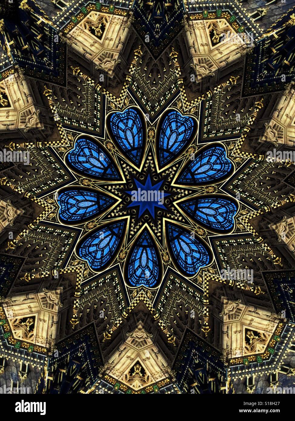 A kaleidoscope in yellow and blue tones Stock Photo