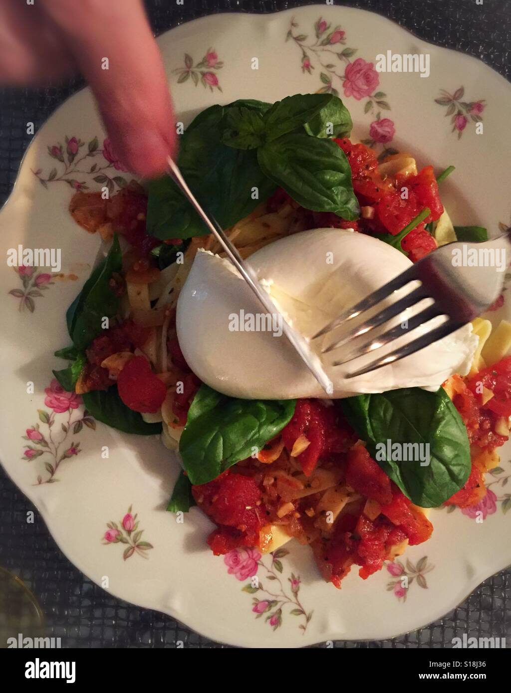 Lynn Greenie pasta with homemade Marinara sauce fresh basil and Barrata cheese. - Smartphone Captured Stock Image