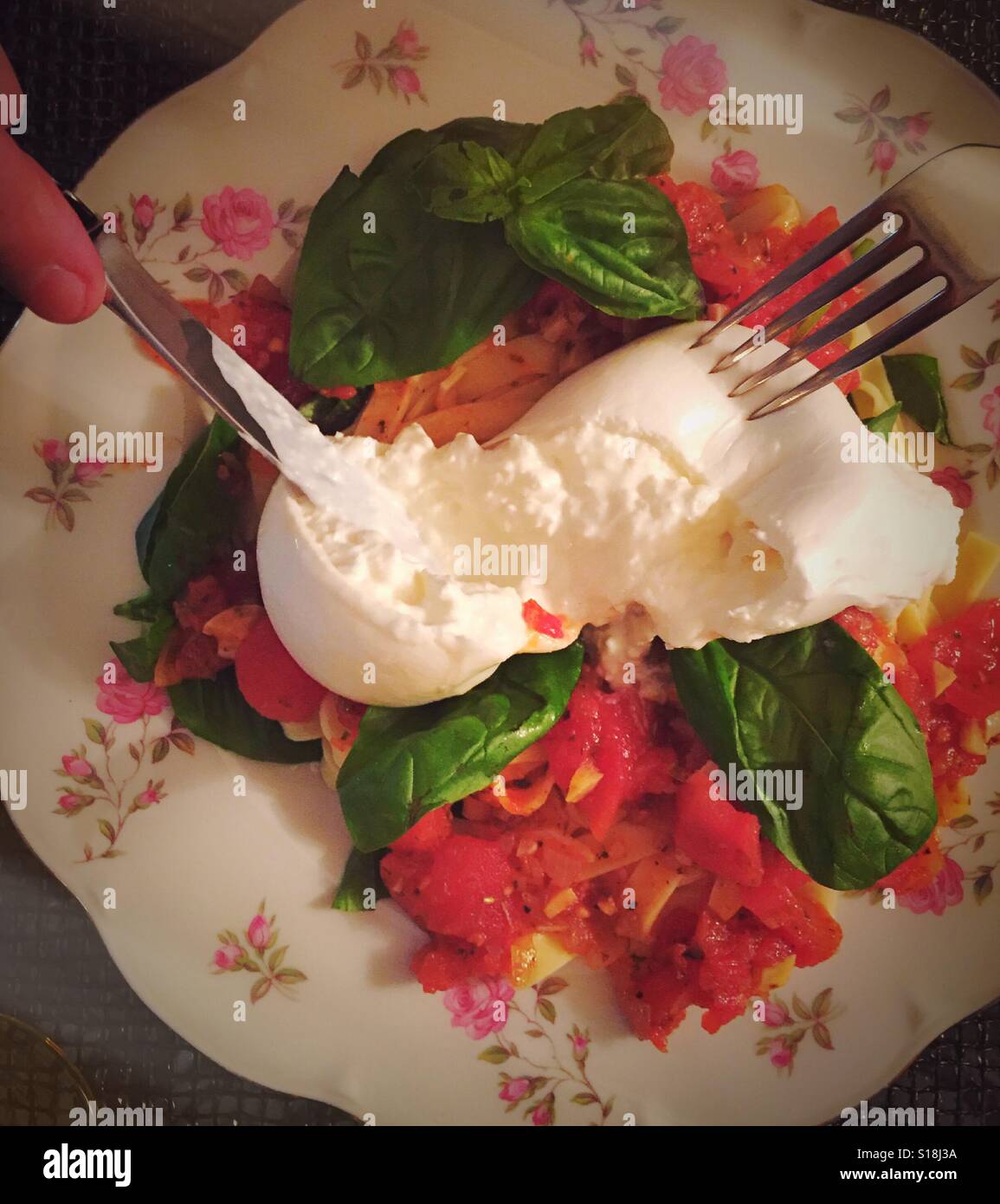 Lynn Greenie pasta dish with homemade marinara sauce fresh basil and burrata cheese - Smartphone Captured Stock Image
