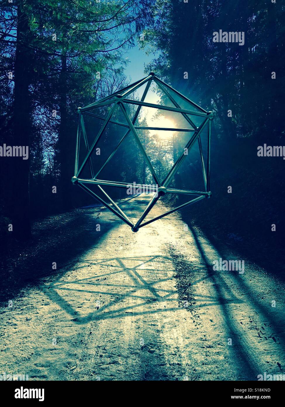 Geometric shape hovers on forest path Stock Photo