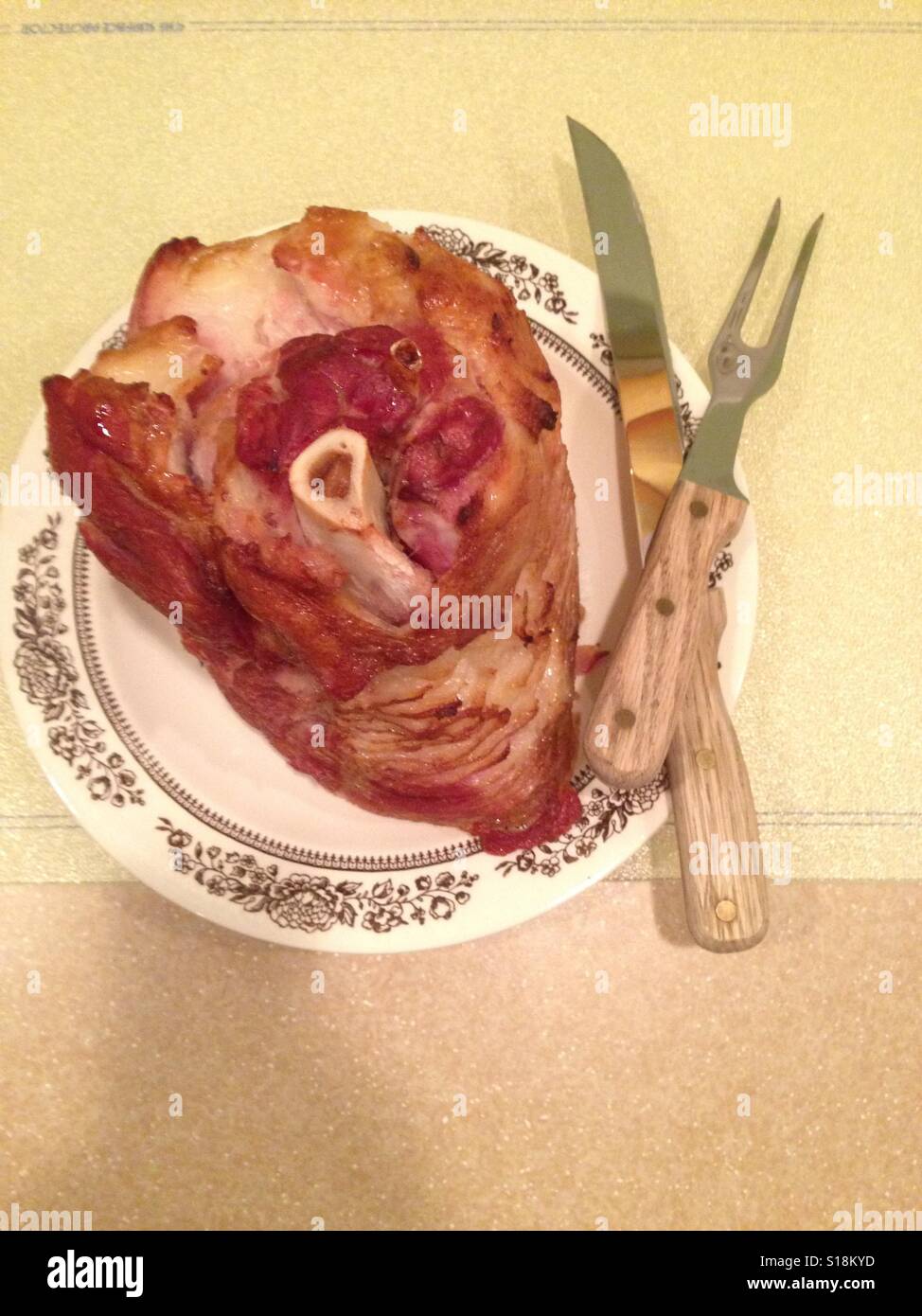 Ham and fork and knife Stock Photo