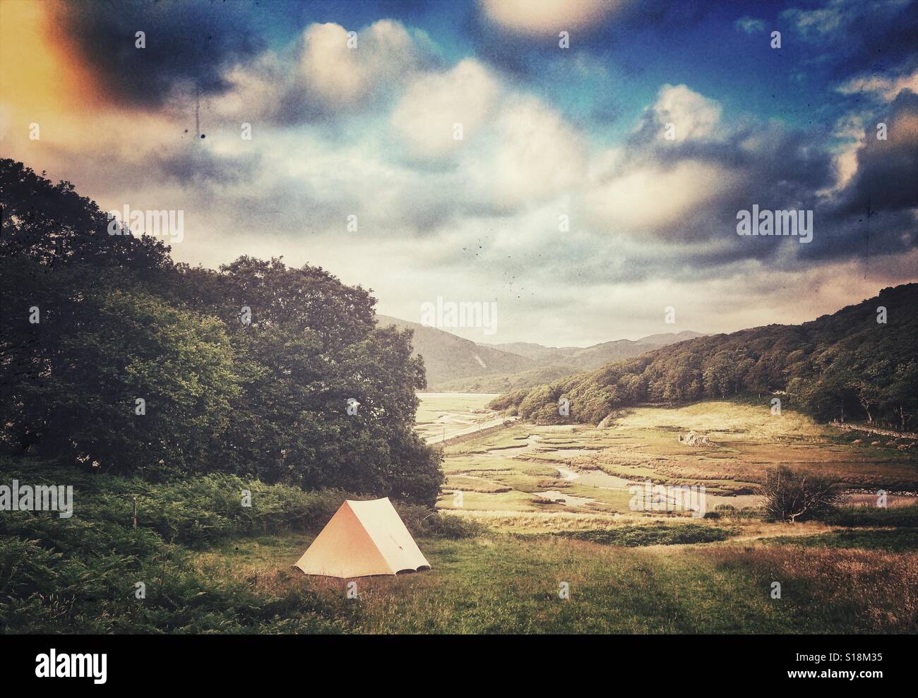 A single tent in a field near Barmouth, Wales Stock Photo