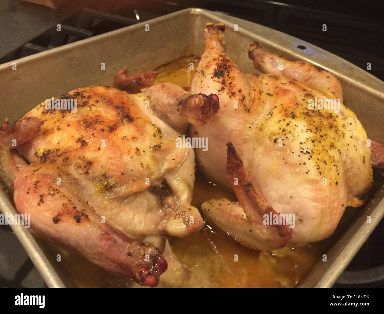 Two roasted Cornish hens in a baking pan Stock Photo Alamy