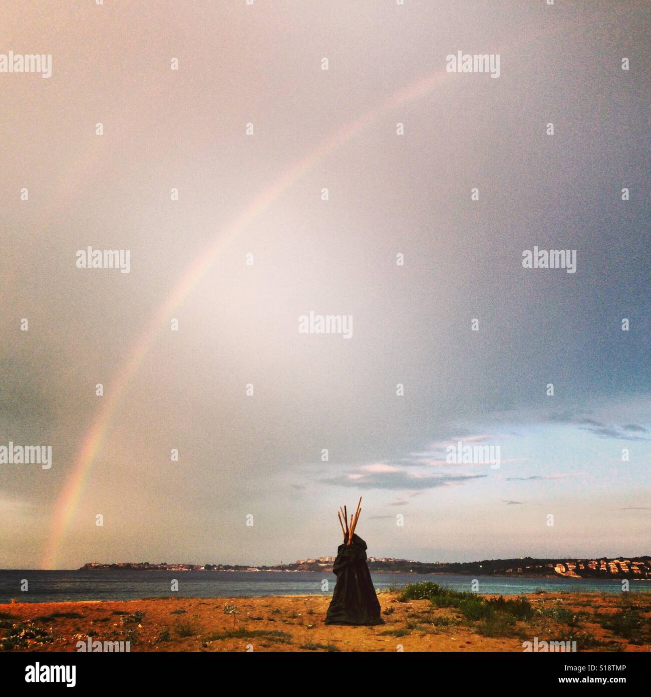 Double rainbow over Sozopol, Black Sea, Bulgaria - Smartphone Captured Stock Image