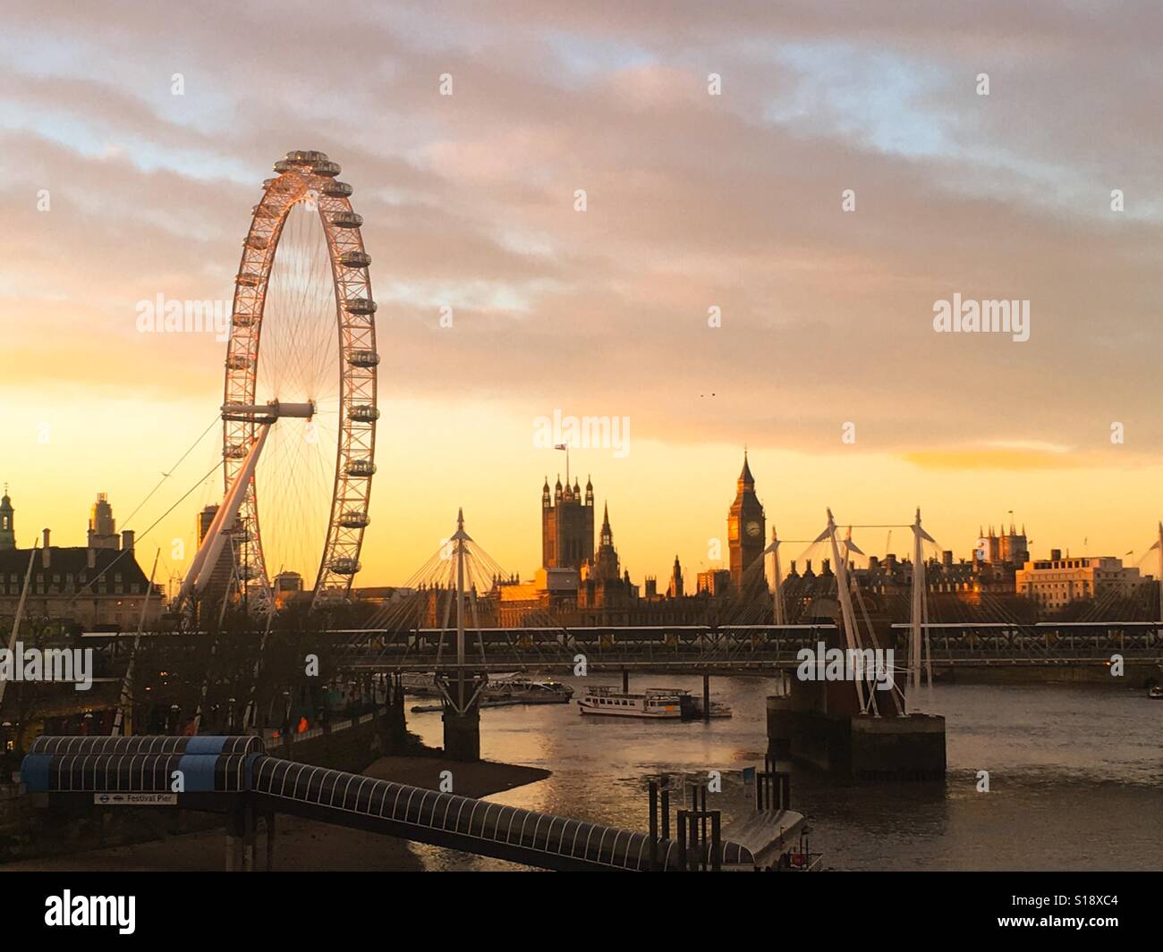 View of London eye and Big Ben at sunrise , 2017 Stock Photo
