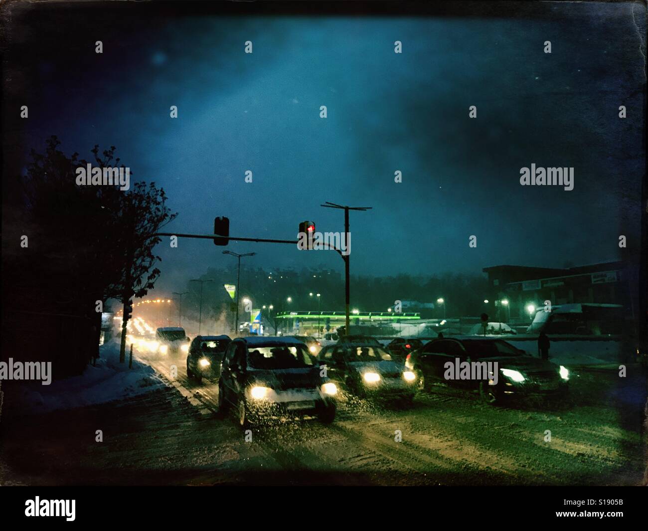 Busy traffic at night Sofia Bulgaria - Smartphone Captured Stock Image