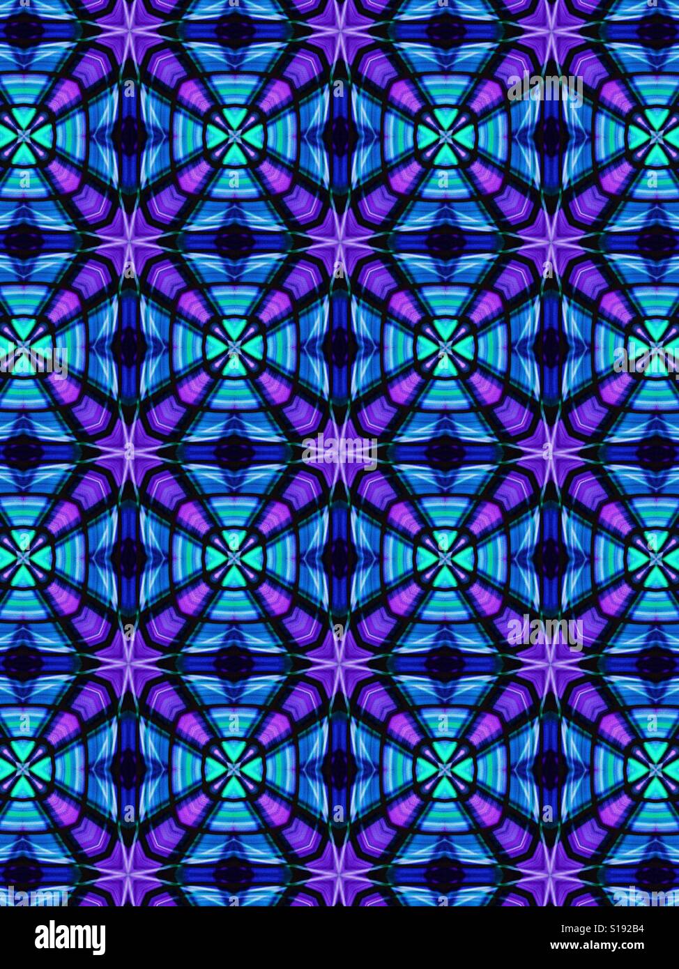 An abstract geometric pattern of purple stars against a blue background Stock Photo