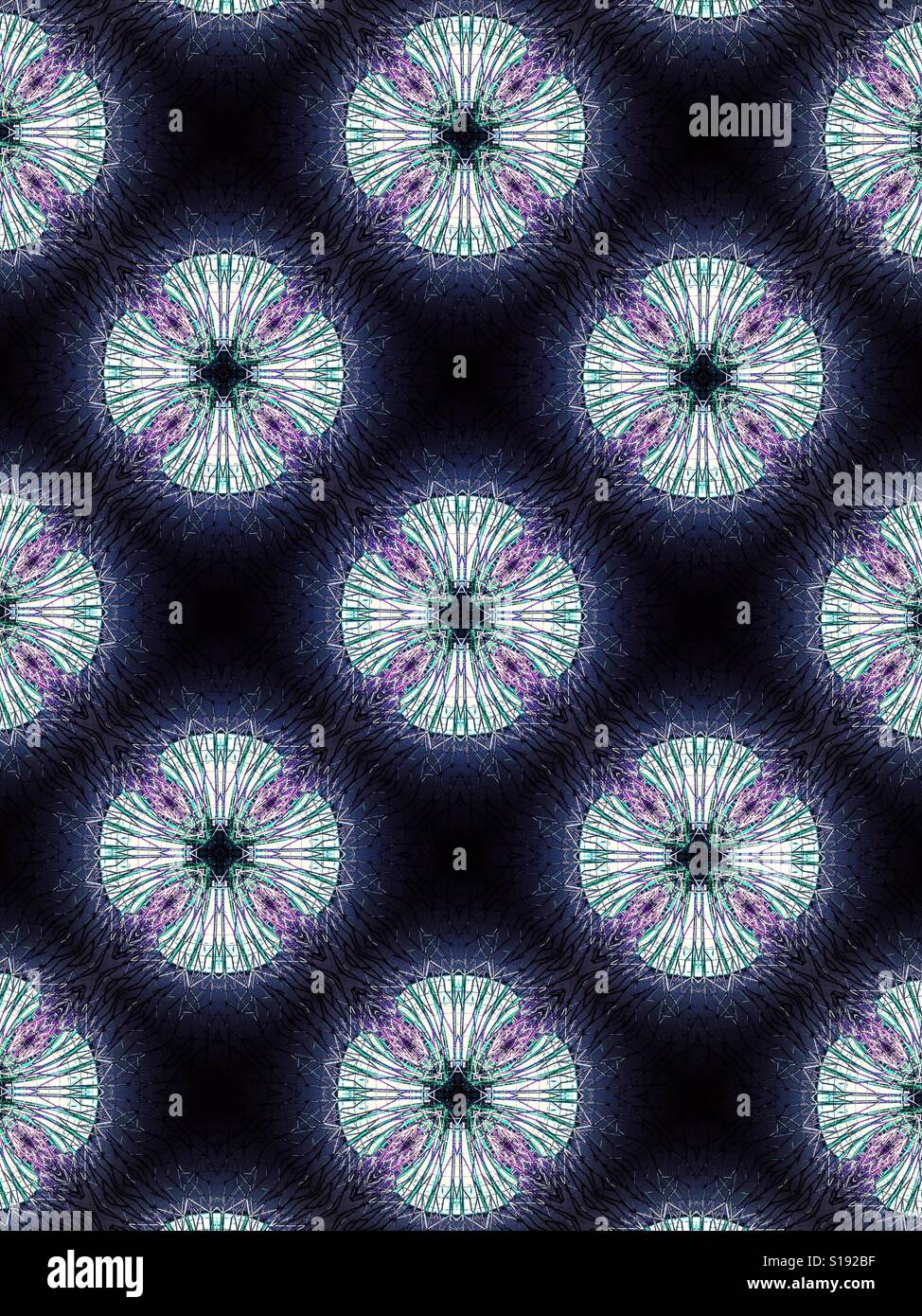 An abstract design featuring white floral starbursts on a purple background Stock Photo