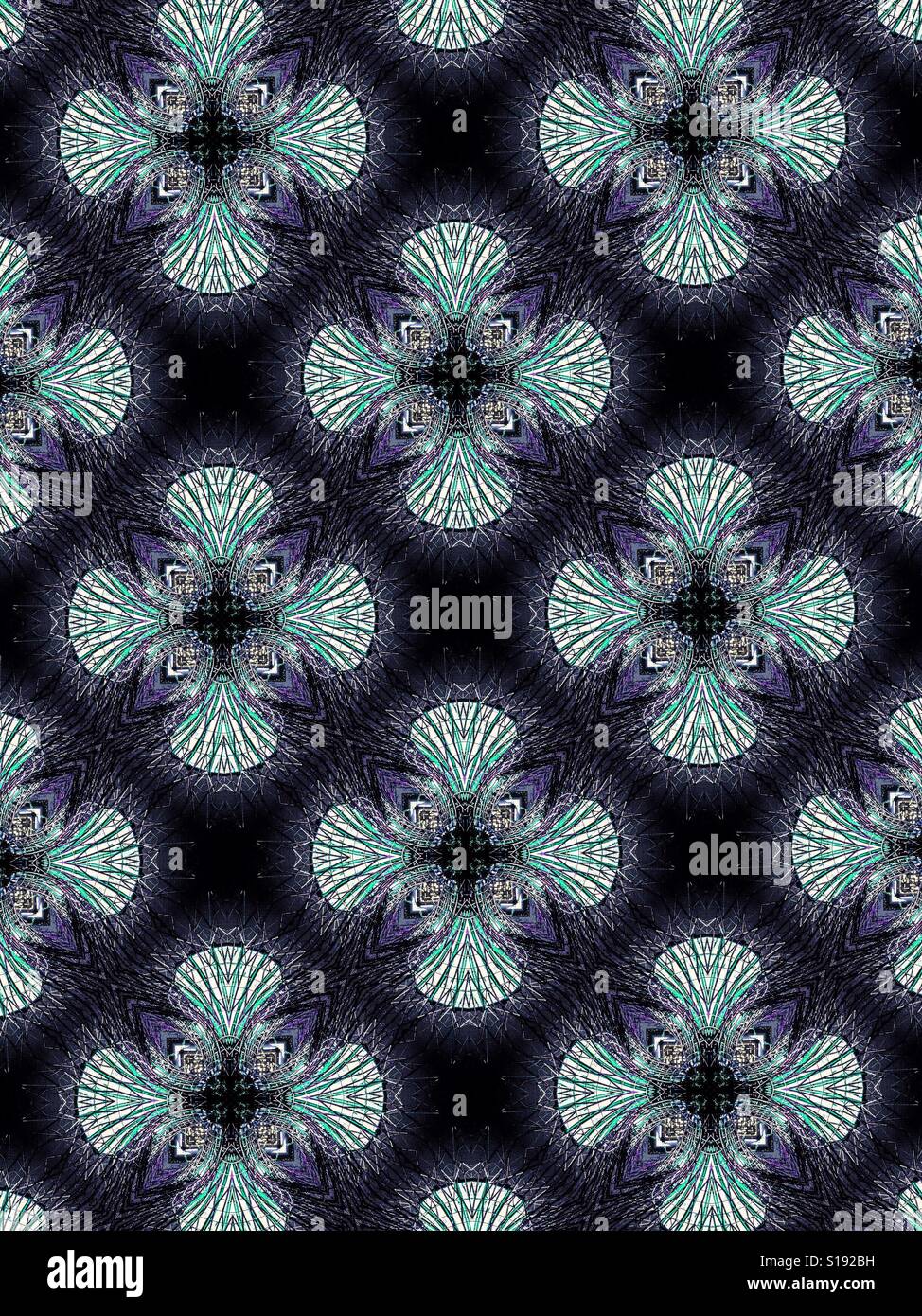 An abstract design featuring white filigree shapes on a purple background Stock Photo