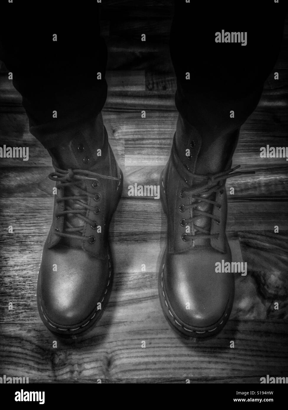 Pair of boots dr. Martens in black and white Stock Photo