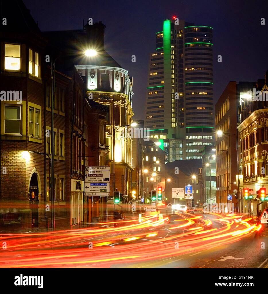 Light trails in Leeds City Centre , Yorkshire. - Smartphone Captured Stock Image