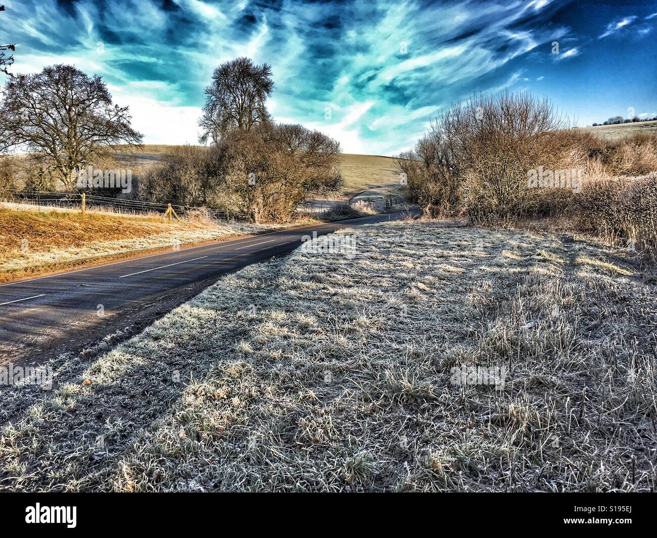 Frosty winter morning, road with black ice, Dorset, UK - Smartphone Captured Stock Image