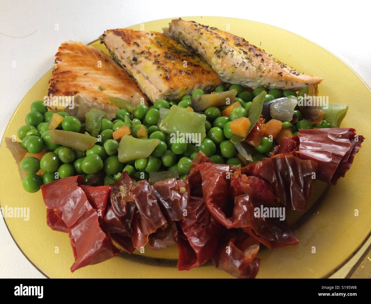Roasted Salmon with veggies Stock Photo