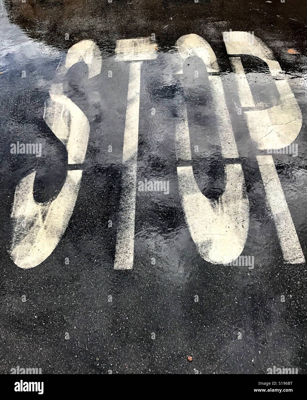 Stop sign on wet pavement - Smartphone Captured Stock Image
