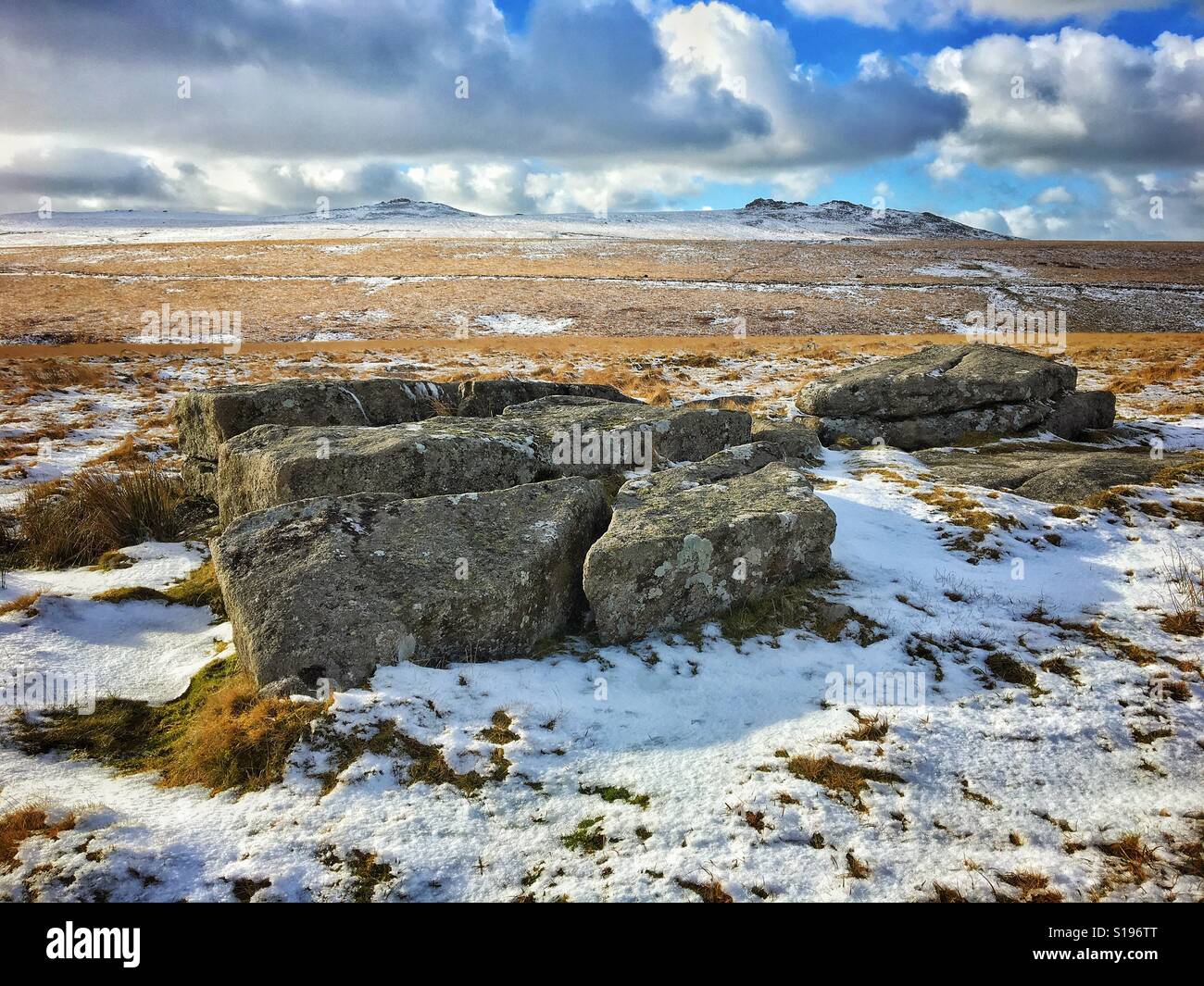 View of distant Yes Tor, left, and West Mill Tor, right, Dartmoor National Park, Devon, UK. Stock Photo