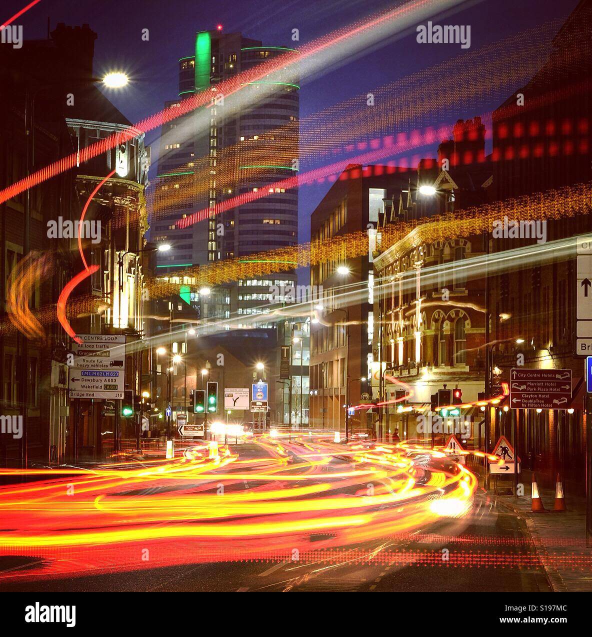 Bridgewater Place lit up with light trails in Leeds, West Yorkshire. - Smartphone Captured Stock Image