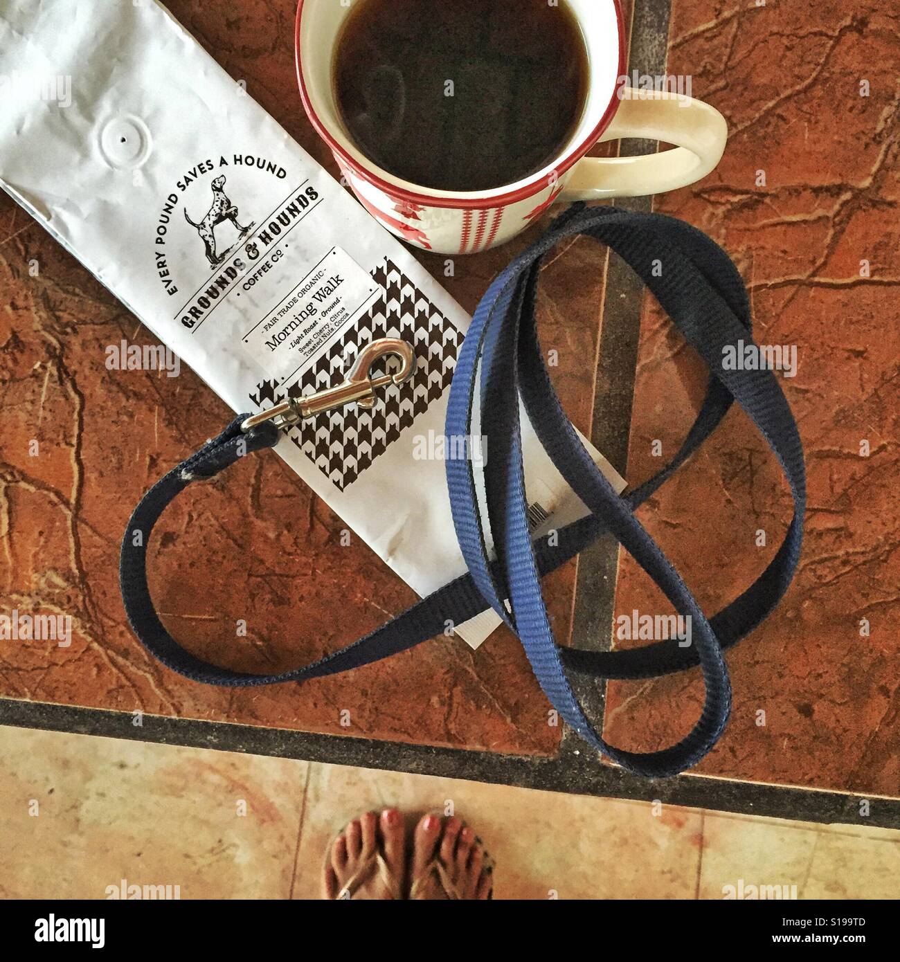 A cup of coffee sits on a counter with a leash and an empty bag of Grounds and Hounds Morning Walk blend coffee with a woman's feet visible below the counter. Stock Photo