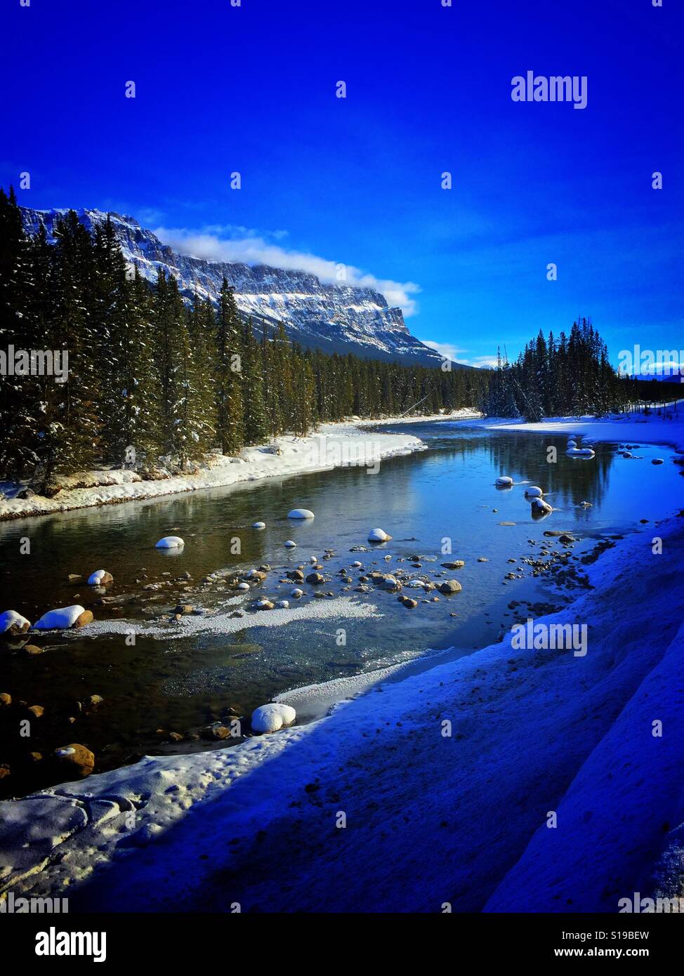 The Bow River reflections along the TransCanada Highway in the Canadian Rockies - Smartphone Captured Stock Image