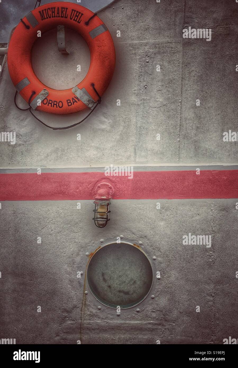 Ship docked at the pier. Porthole,light and safety ring Stock Photo Alamy