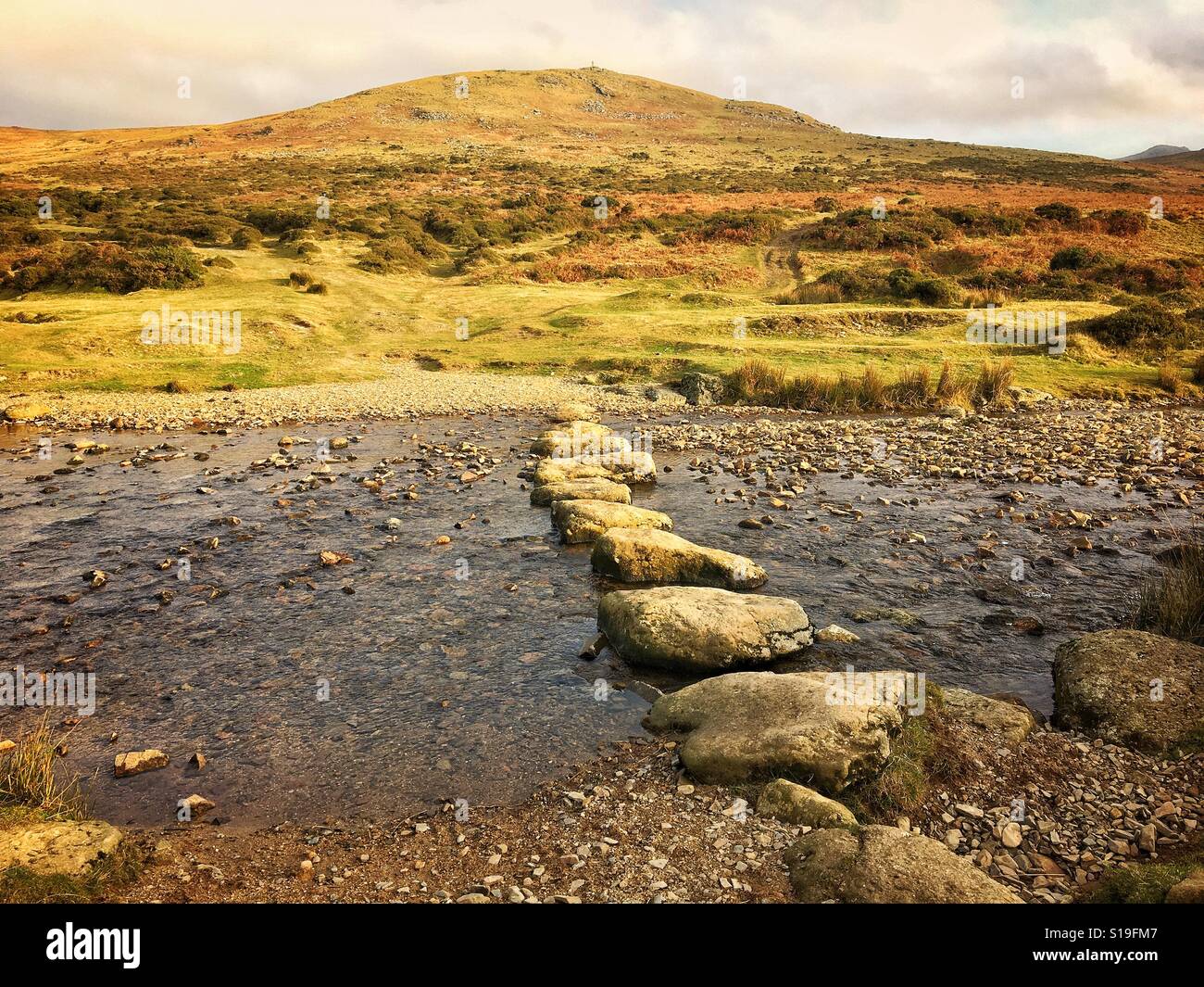 Stepping stones over the River Ltd, leading to Brat Tor, Dartmoor National Park, Devon, UK. Stock Photo