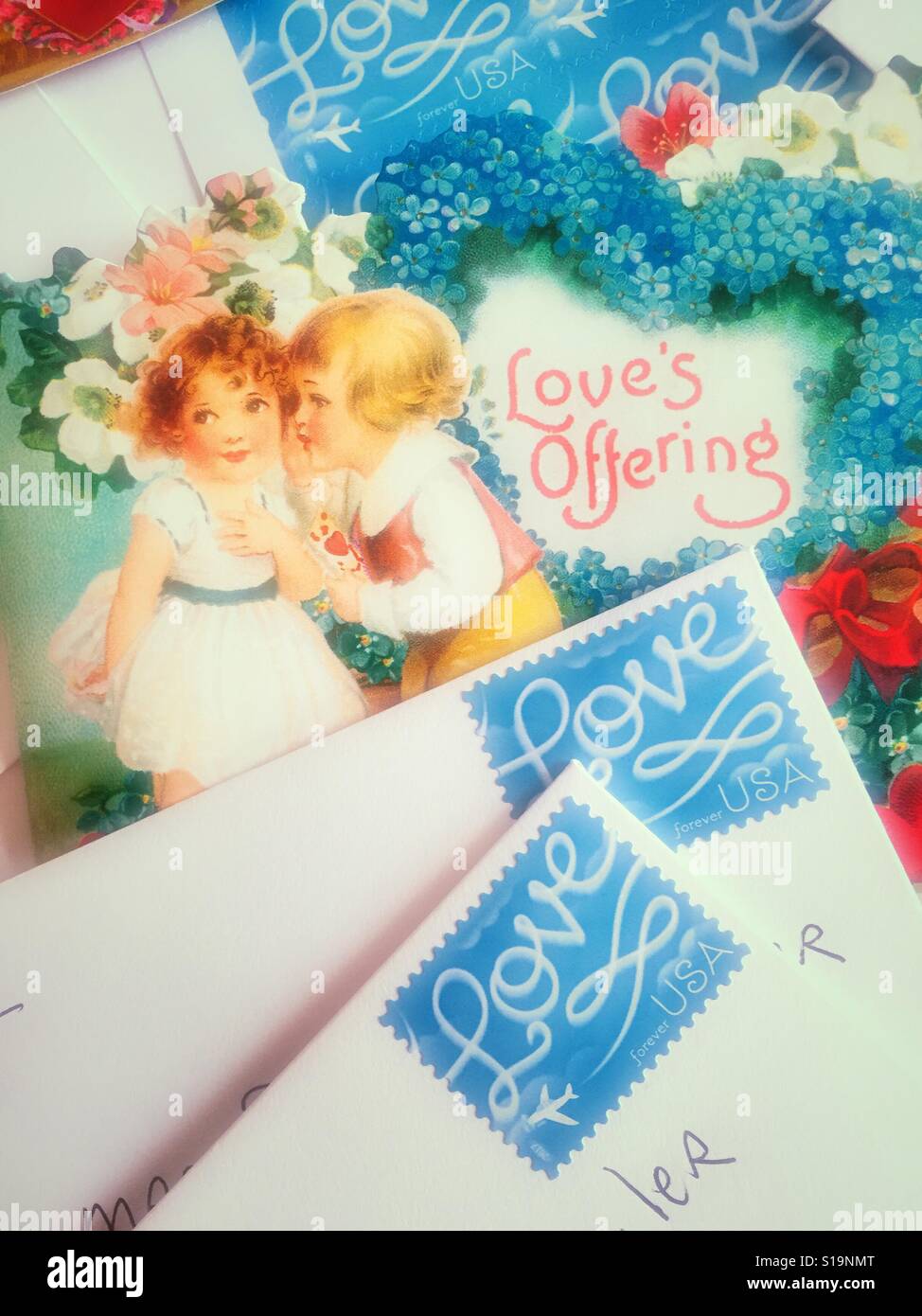Valentine's Day cards ready to mail, USA - Smartphone Captured Stock Image